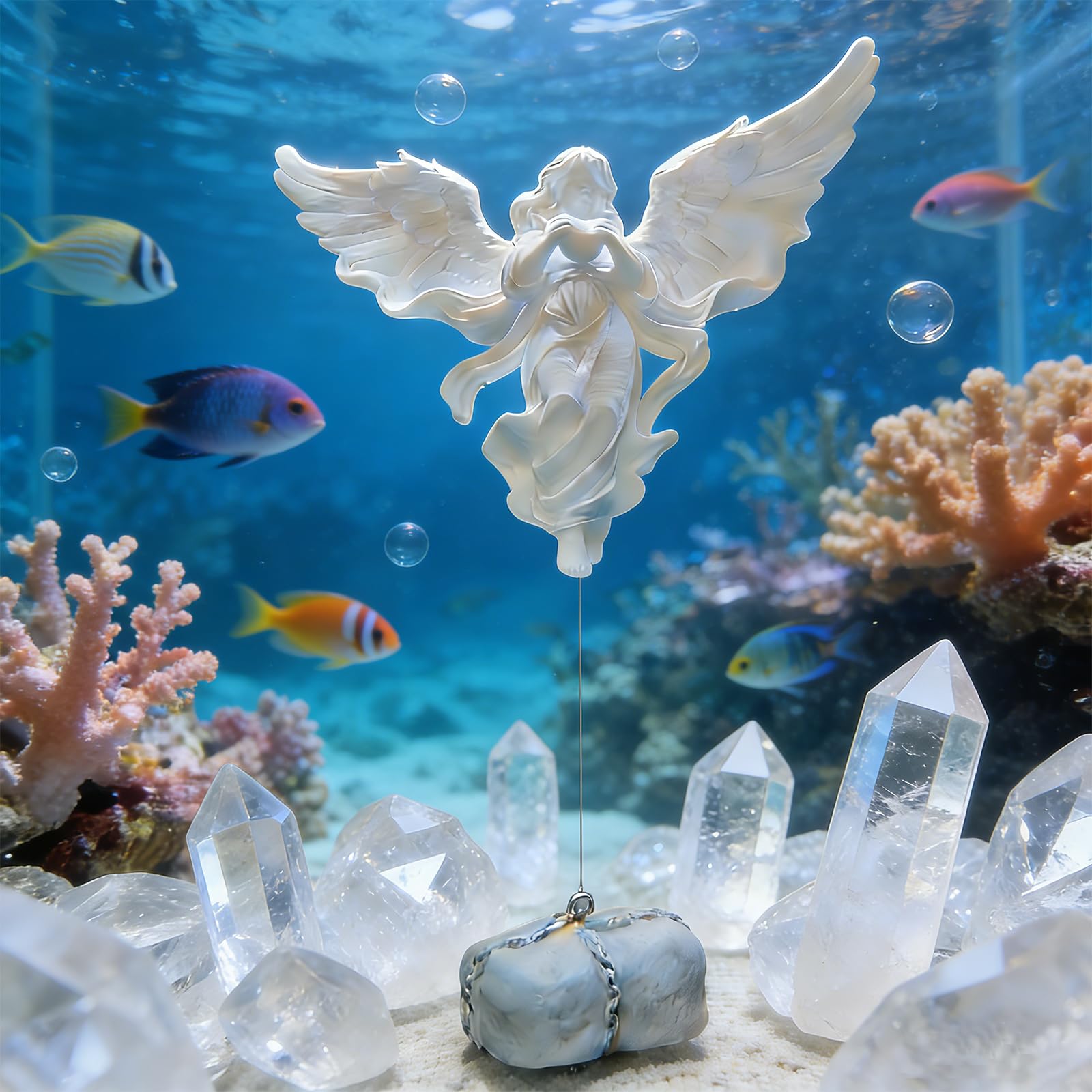 MWYZGmold Floating Fish Tank Decorations,Aquarium Angel Decor - White Angel Ornament with Simulated Stone Weight,Betta Fish Tank Decorations,Cool Aquarium Decor for Beginner Fish Tanks