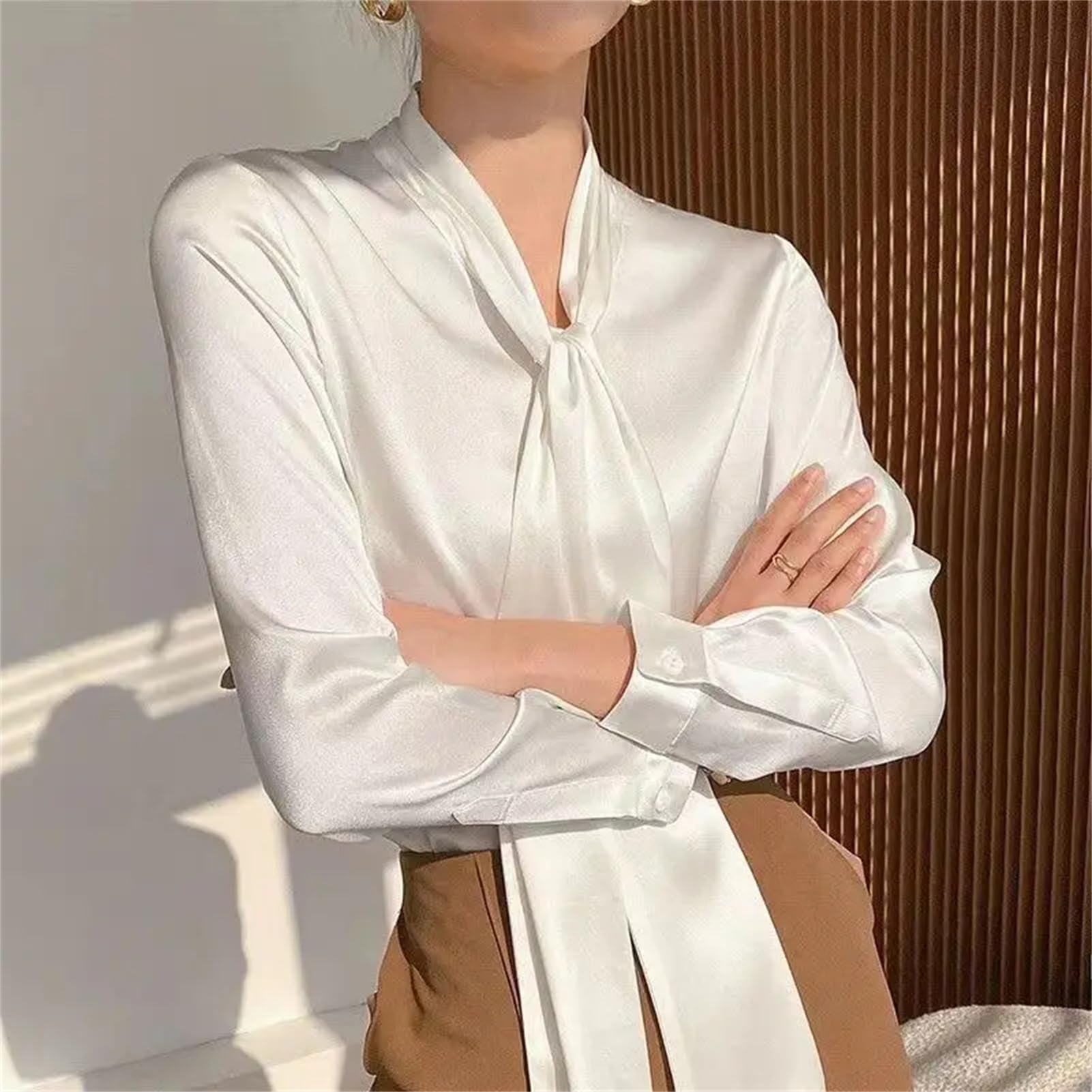 Vogrtcc Camisa de seda de satén de gran tamaño para mujer, blusa de manga larga para oficina