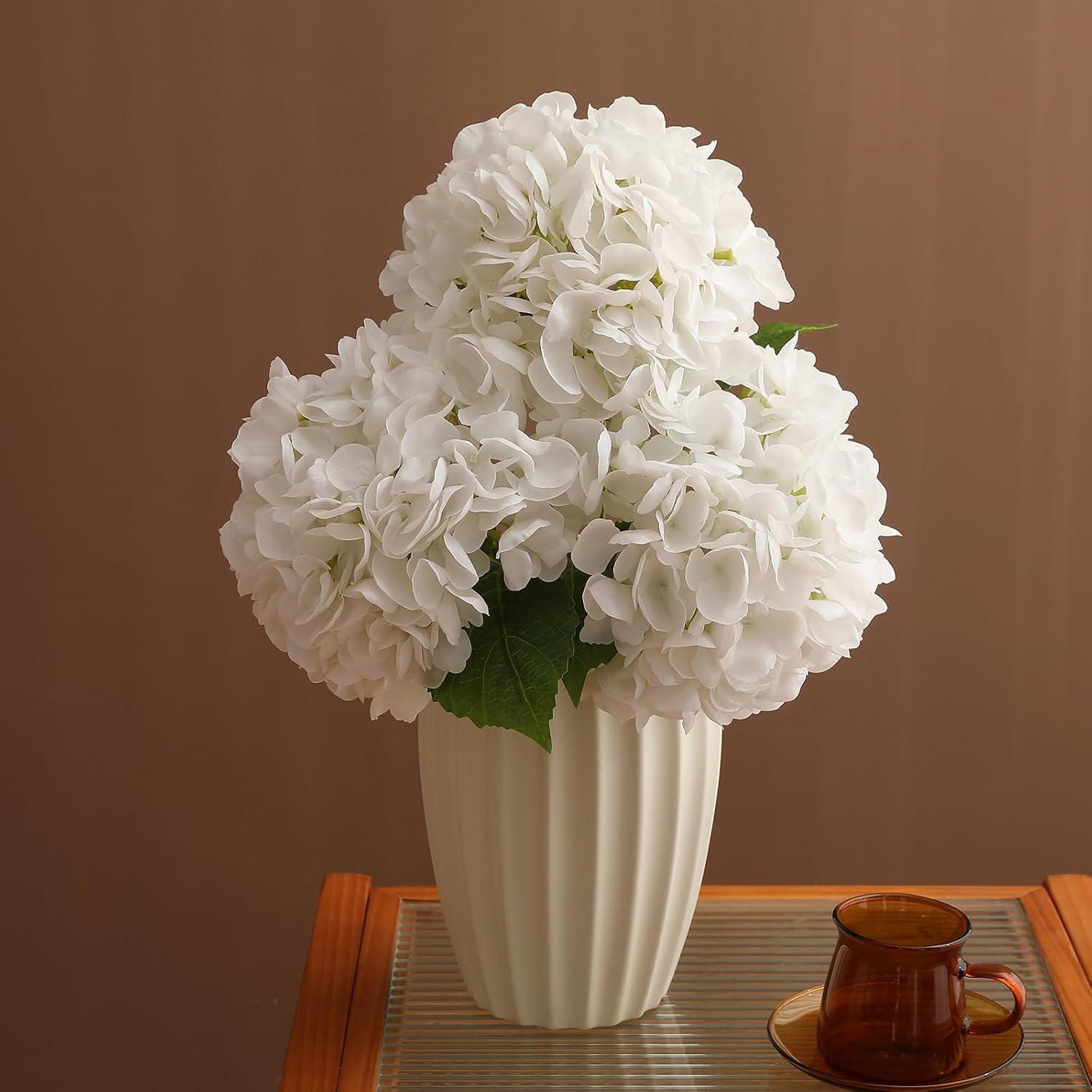 Nubry 3Pcs White Hydrangea Artificial Flowers, 22.5In Latex Faux Real Touch Large Hydrangea Flowers with Long Stems & Leaves for Home Office Decor Wedding Party Arrangements(White) - Image 8