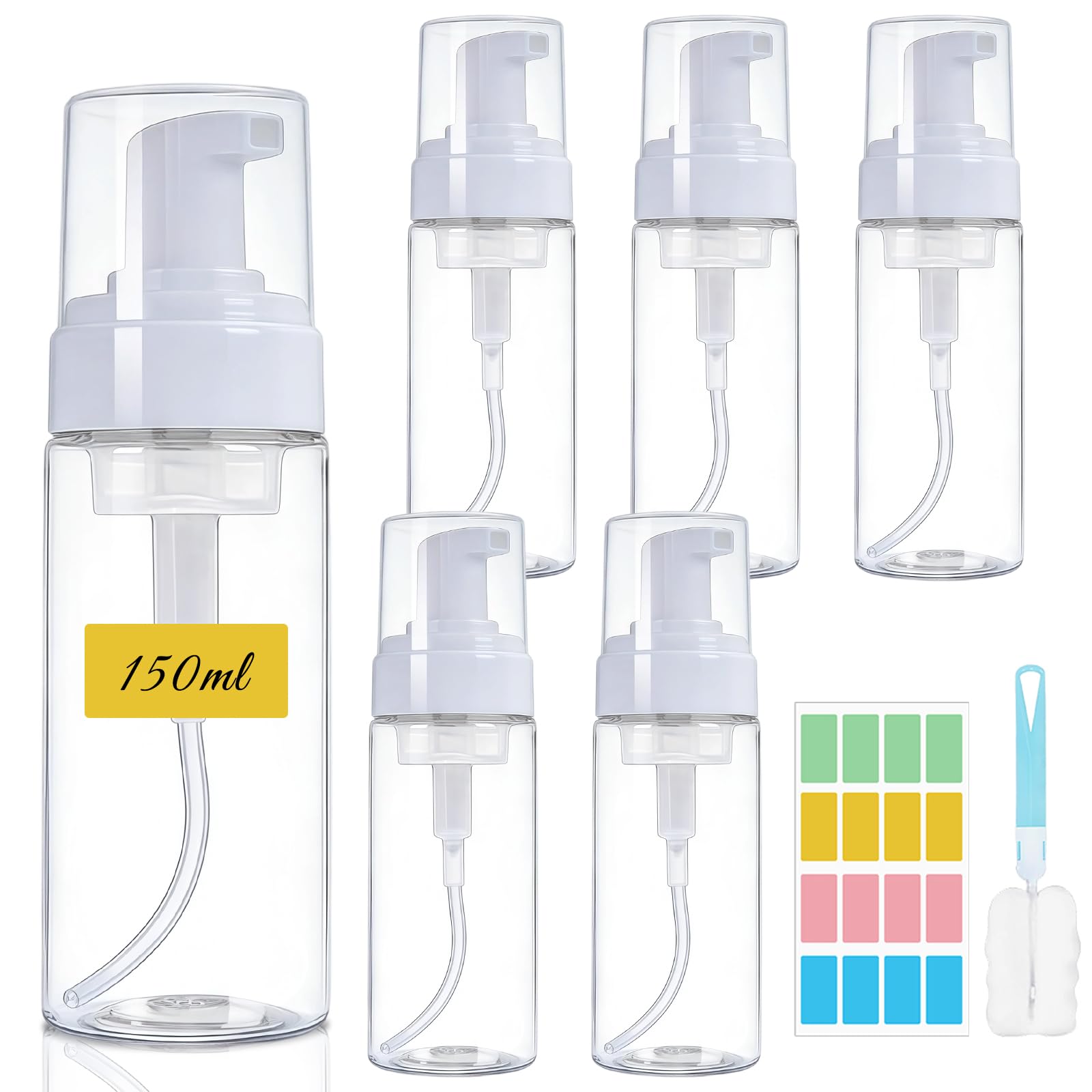 Maxumille 6 Pack Foam Pump Bottle Travel 150ml, Mousse Foam Soap Dispenser with Sitcker & Brush, Clear Plastic Foaming Soap Dispenser Refillable for Face Wash Lash, Liquid Hand Soap Mousse Bottle