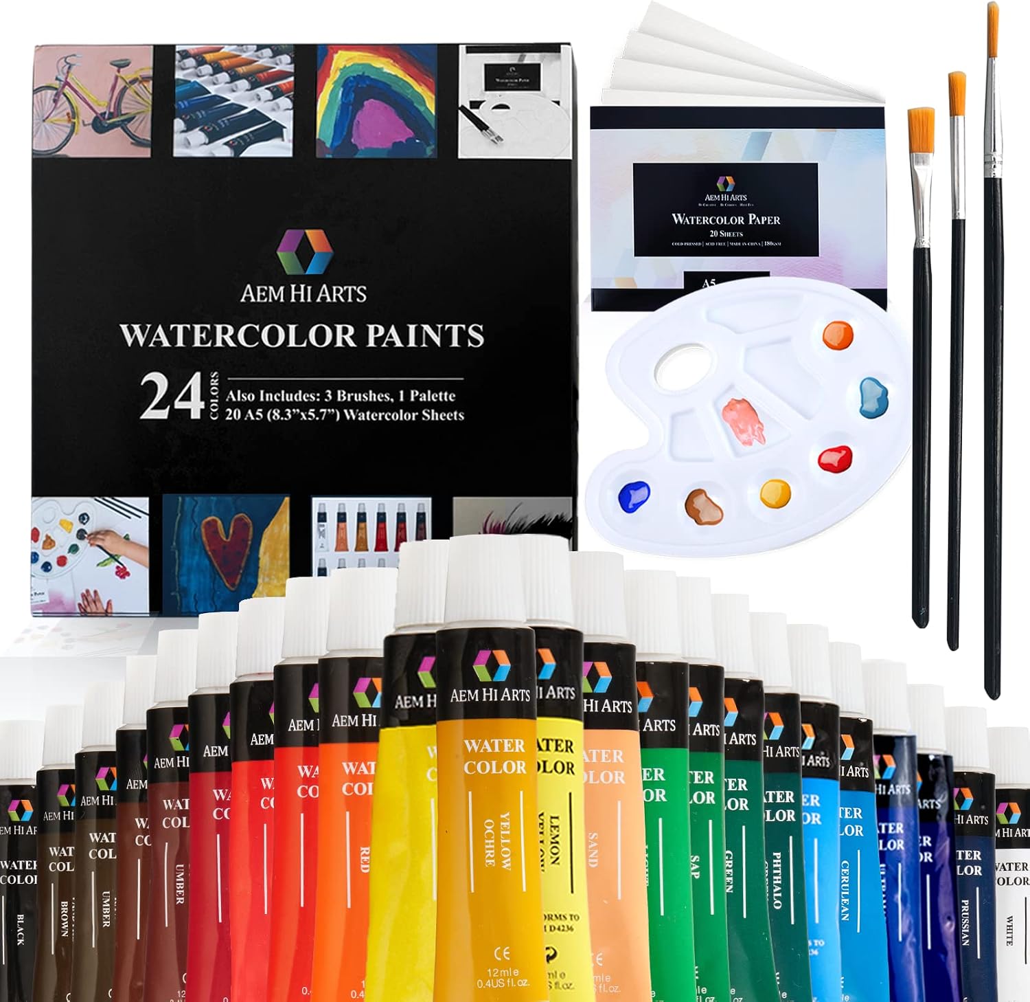 AEM Hi Arts Watercolor Paint Set – Includes 24 Colors, 3 Brushes, 1 Palette & 20 Sheets | Paint on Paper, Wood, Fabric, Ceramic & More | Portable and Washable| Great for Kids and Professional Artists