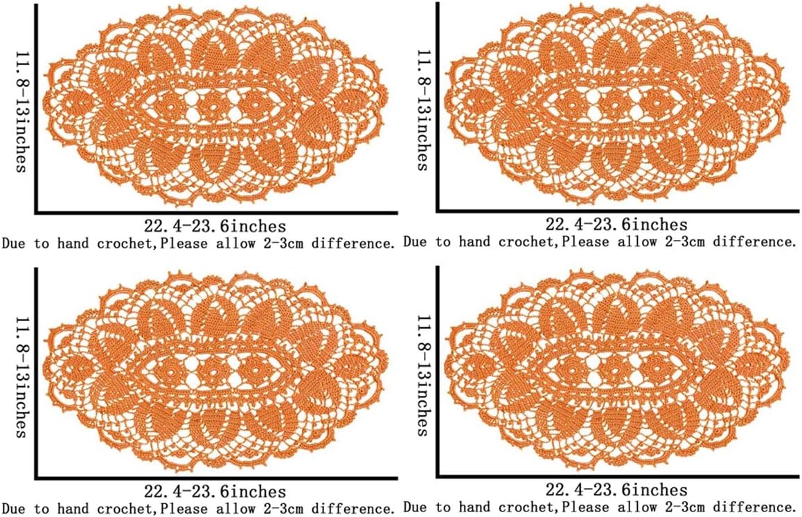 BIBITIME Crochet Knitted Table Doilies Lace Doily Handmade Placemats Kitchen Cup Mug Mats (4PCS-11.8" x 22", Style03-Orange)