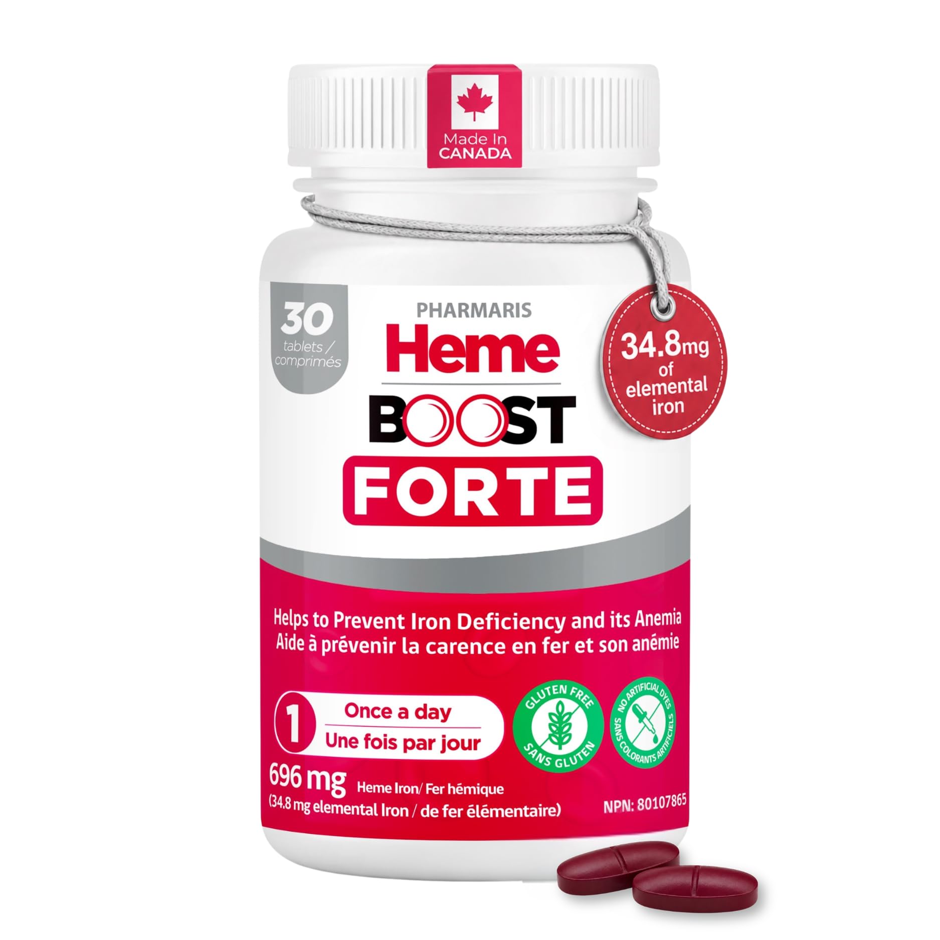 Hemeboost Forte 34.8 mg (696 mg Heme Iron Pills), High Potency Iron Supplement for Women & Men, High Absorption & Gentle on Stomach, Safe for Use in Pregnancy, 30 Tablets