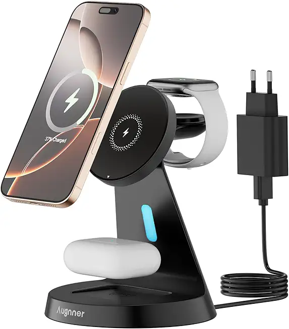 Kabelloses Ladegerät mit Apple Watch und iPhone, 3 in 1 Mag Safe Ladestation Wireless Charger mit iPhone 17/16/16 Pro/15/14/13/12, Induktive Ladestation für Apple Watch und AirPods Serie