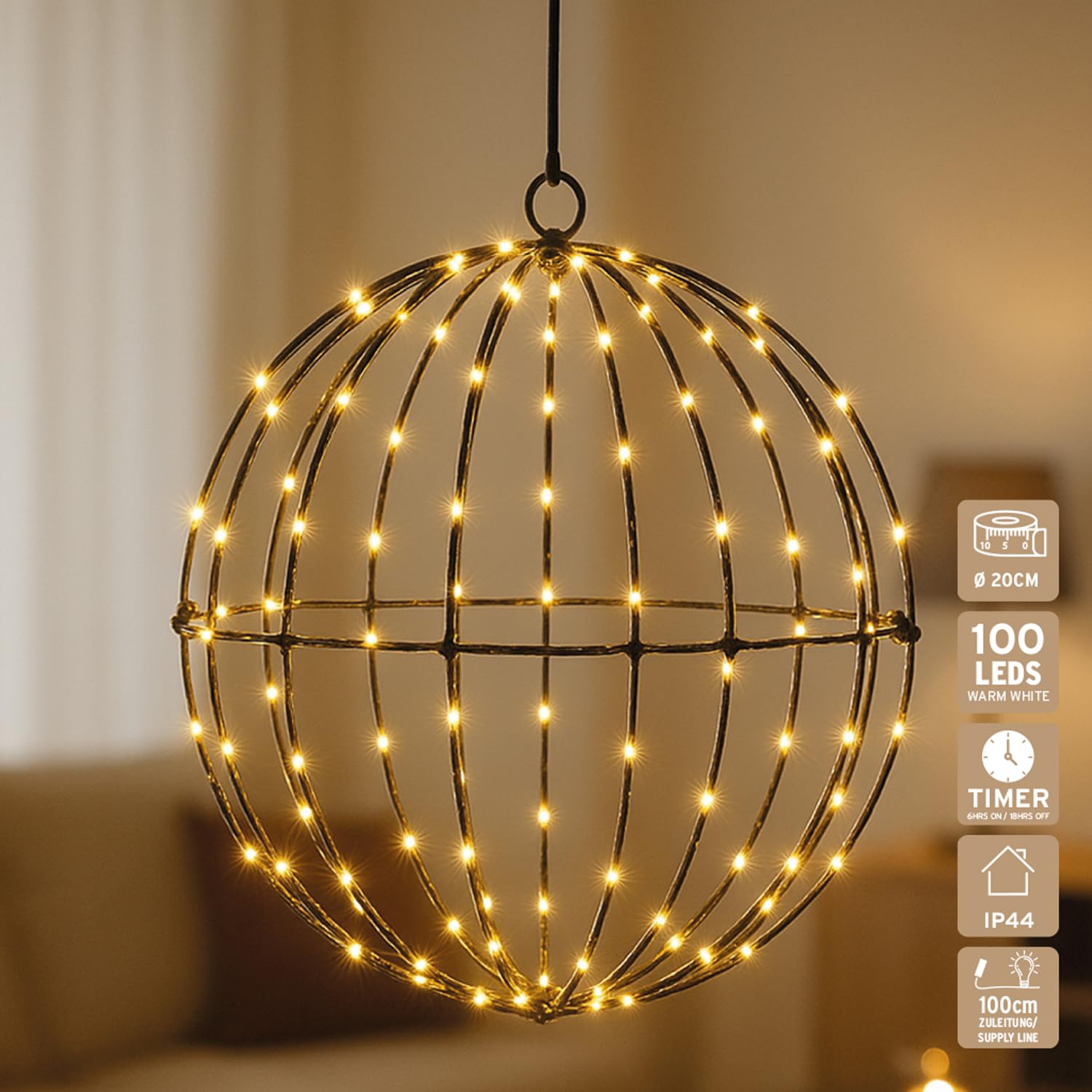 CP6784_20 LED Leuchtkugel Metall Schwarz Innen-& Außen Ø 20 cm Timer IP44 Batteriebetrieben Dekokugel zum Hängen Dekoleuchte Weihnachten Winter