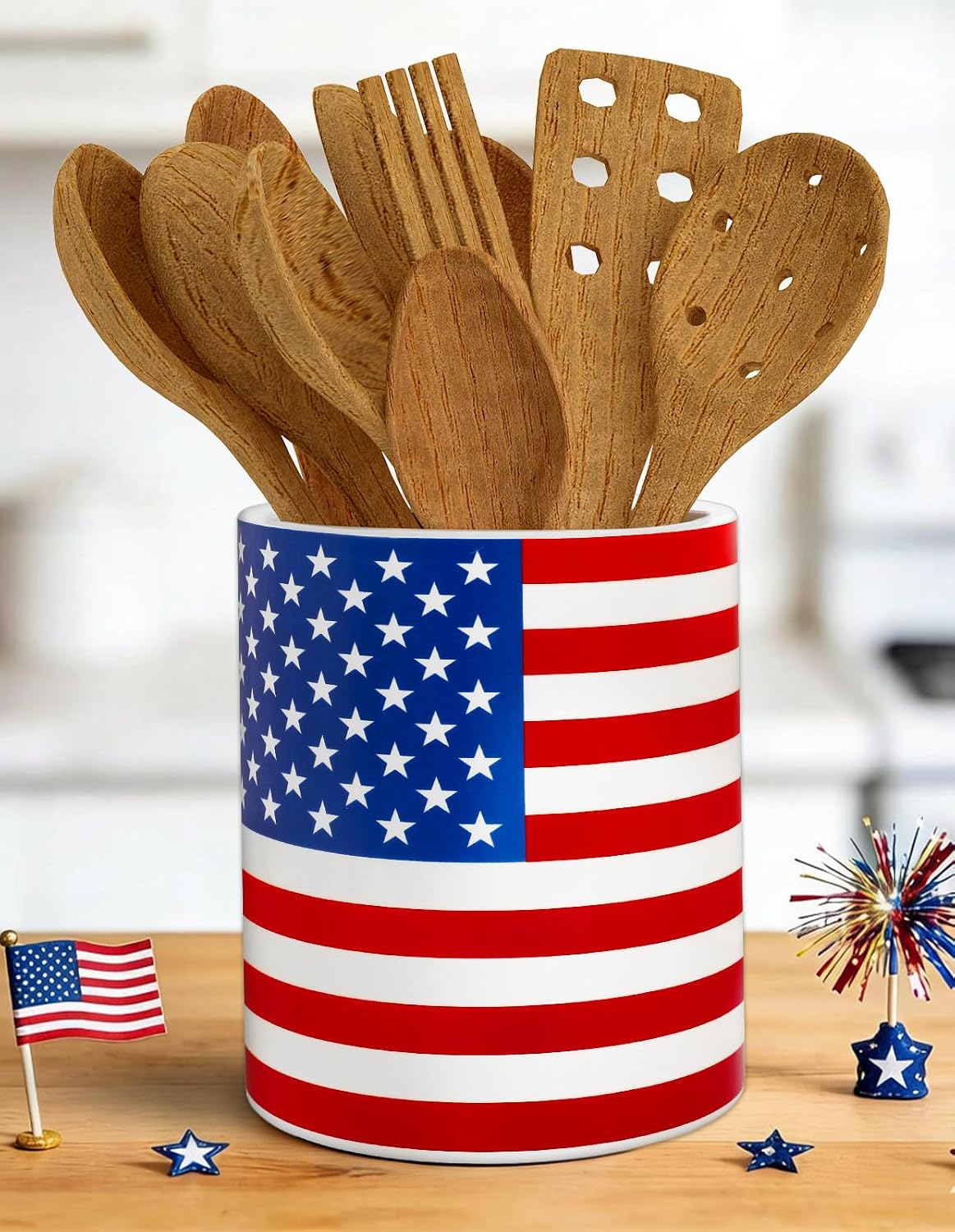 Whaline Patriotic Ceramic Utensil Holder 4th of July American Flag Utensil Crock for Independence Day 250th Anniversary Home Kitchen Countertop Storage Organizer Container