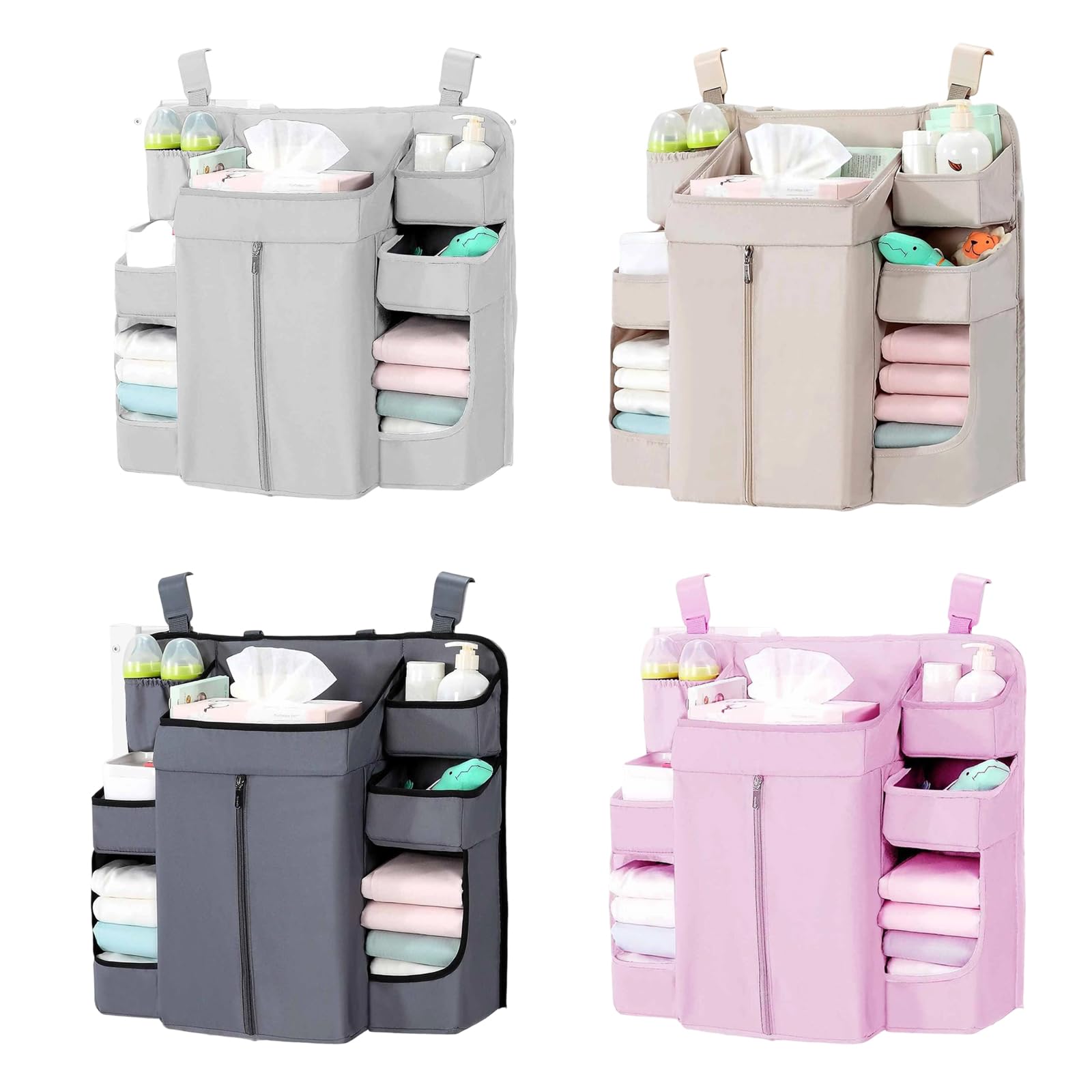 Organizadores colgantes para cuna de bebé, 6 compartimentos, bolsillo grande con cremallera, tela resistente, solución de almacenamiento ajustable para cuna