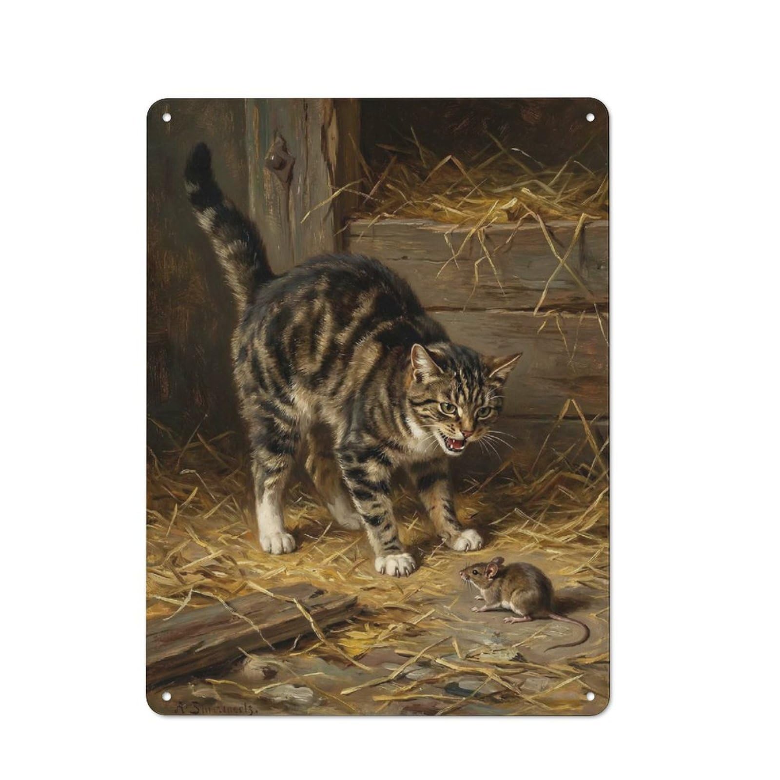 Junmoney Style-19 Tin Sign 40X30cm With Cat And Mouse Encounter Painting For Workshop Wall, Retro Decor, For Metal Sign Collectors, For Cafés, Pubs And Restaurants