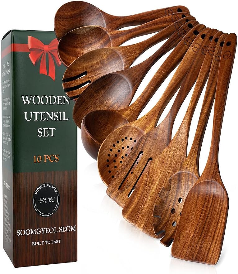 Natural Teak Wood Kitchen Utensil Set - 10 Piece Non-Stick Cooking Spoons & Spatulas, Heat Resistant & Eco-Friendly, Durable Wooden Tools for Nonstick Cookware