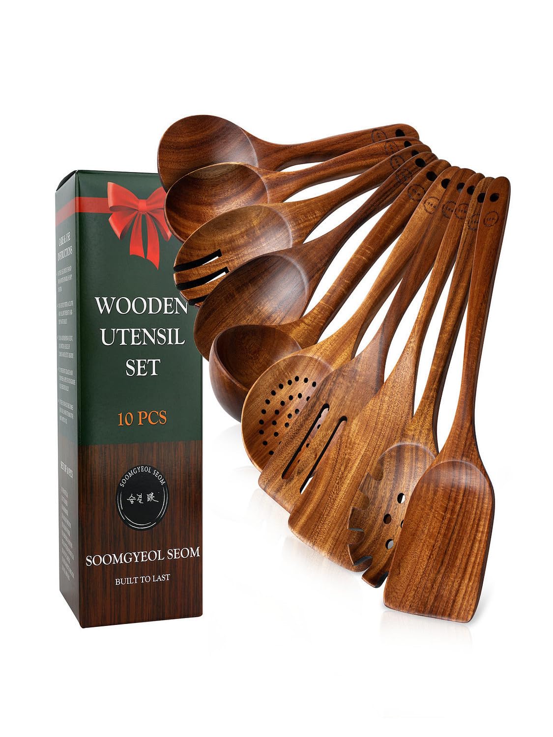 100% Natural Teak Wood Wooden Utensil Set – 10 Pcs Durable Kitchen Spoons for Cooking – Non-Stick & Heat Resistant, Eco-Friendly & Comfortable Grip