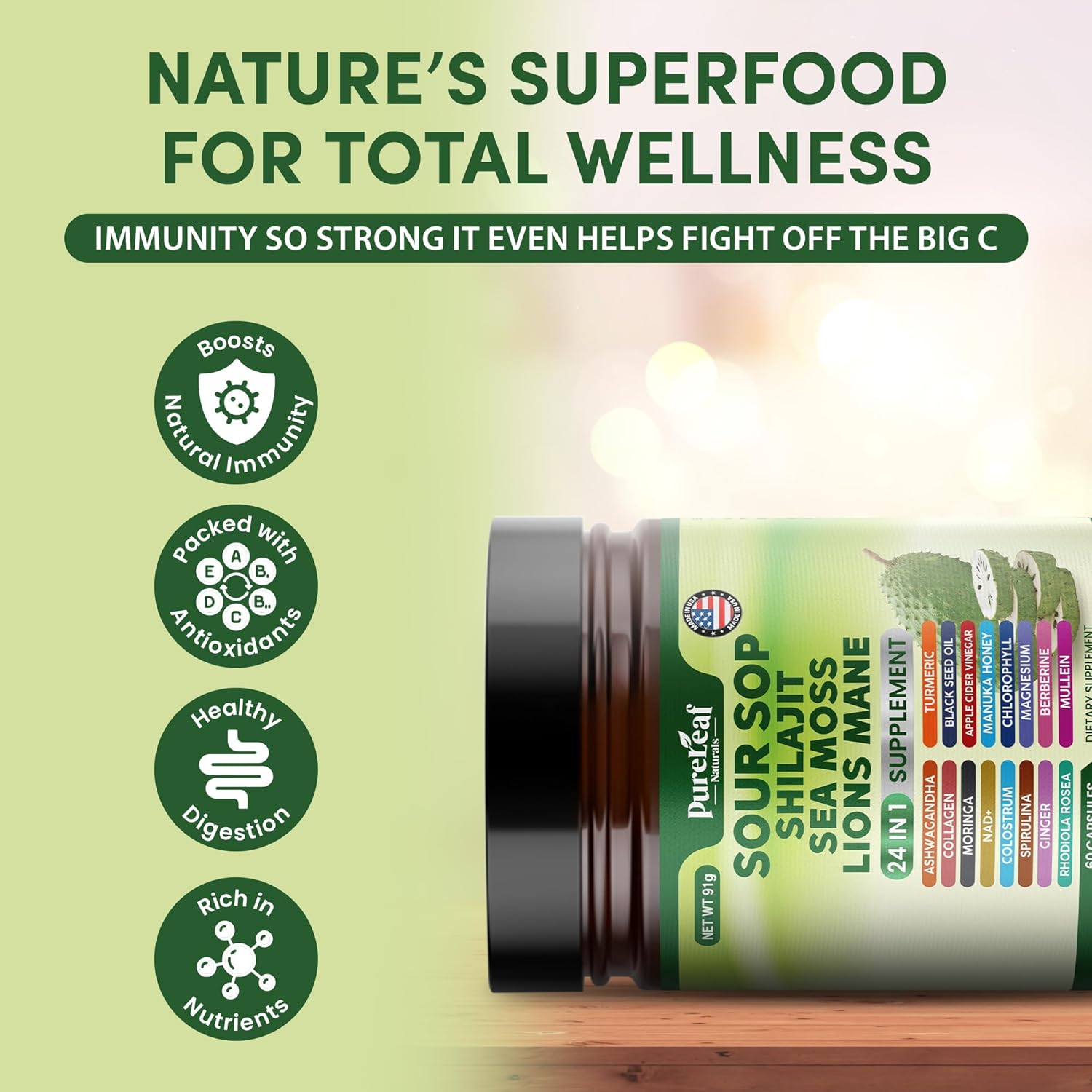 Soursop Shilajit, Sea Moss, and Lions Mane - 24-in-1 Supplement with Ashwagandha, Black Seed Oil, Rhodiola Rosea, Ginger, Collagen, Turmeric - Made in USA - 60 Capsules - Image 6