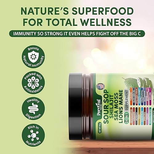 Miniatura 6 de Shilajit de guanábana, musgo marino y melena de león - Suplemento 24 en 1 con Ashwagandha, aceite de semilla negra, Rhodiola Rosea, jengibre,