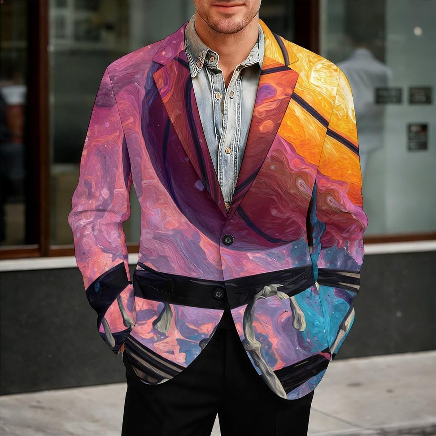 Artistic Basketball Pinkblue Men's Blazers Slim Fit Business Casual Suit Sport Coat Jacket with Pocket