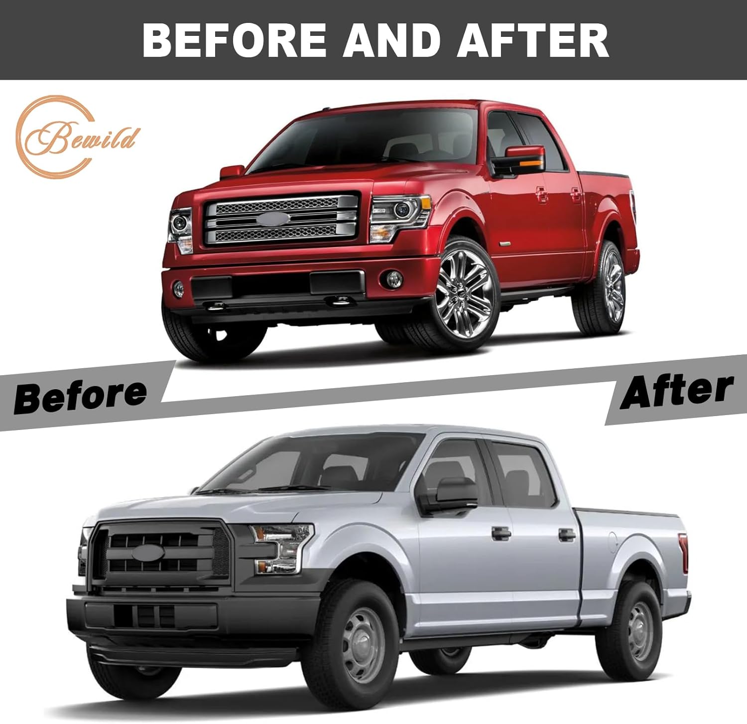 Bewild Front Bumper Grille Assembly Compatible with 2015 2016 2017 Ford F150 Centre Bumper Painted Black Housing and Insert Grille Assembly Shroud