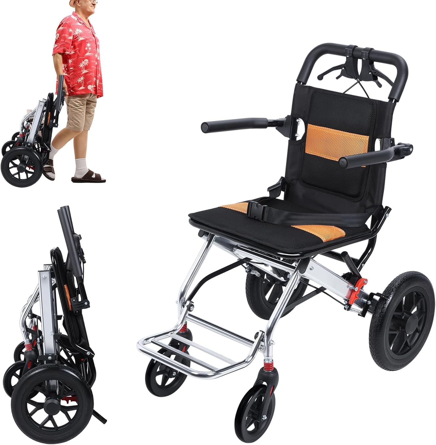 YGNVMCXJG Transfer Wheelchair Lightweight Foldable for Adults & Seniors, Portable Travel Chair with PU Wheels, Yellow
