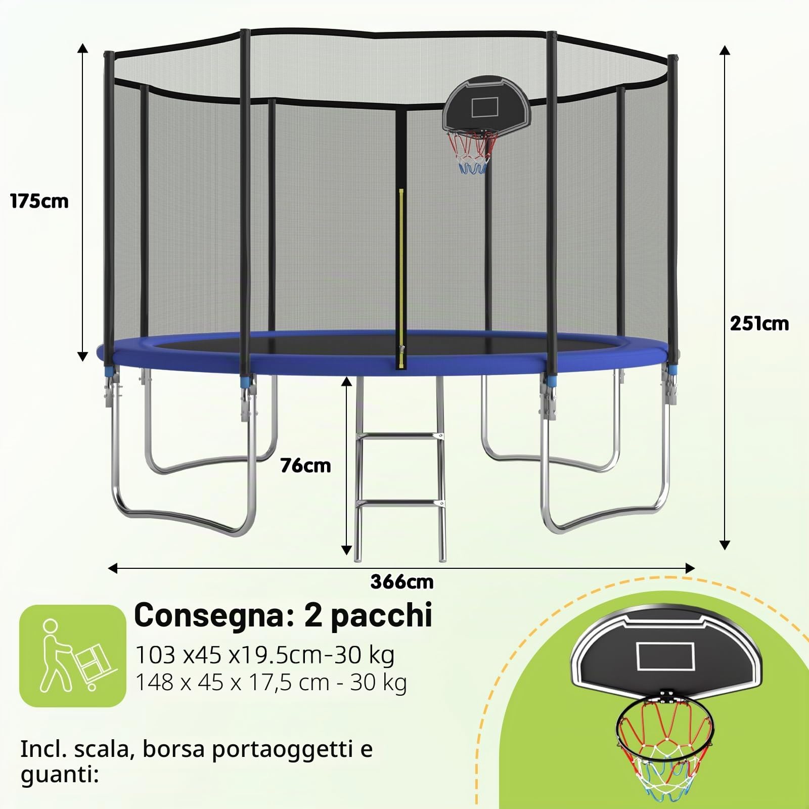 Grande Trampolino Familiare Rotondo 305 cm o 366 cm per Esterno, Kit Completo con Rete Sicura, Scala e Canestro da Basket per Bambini e Adolescenti