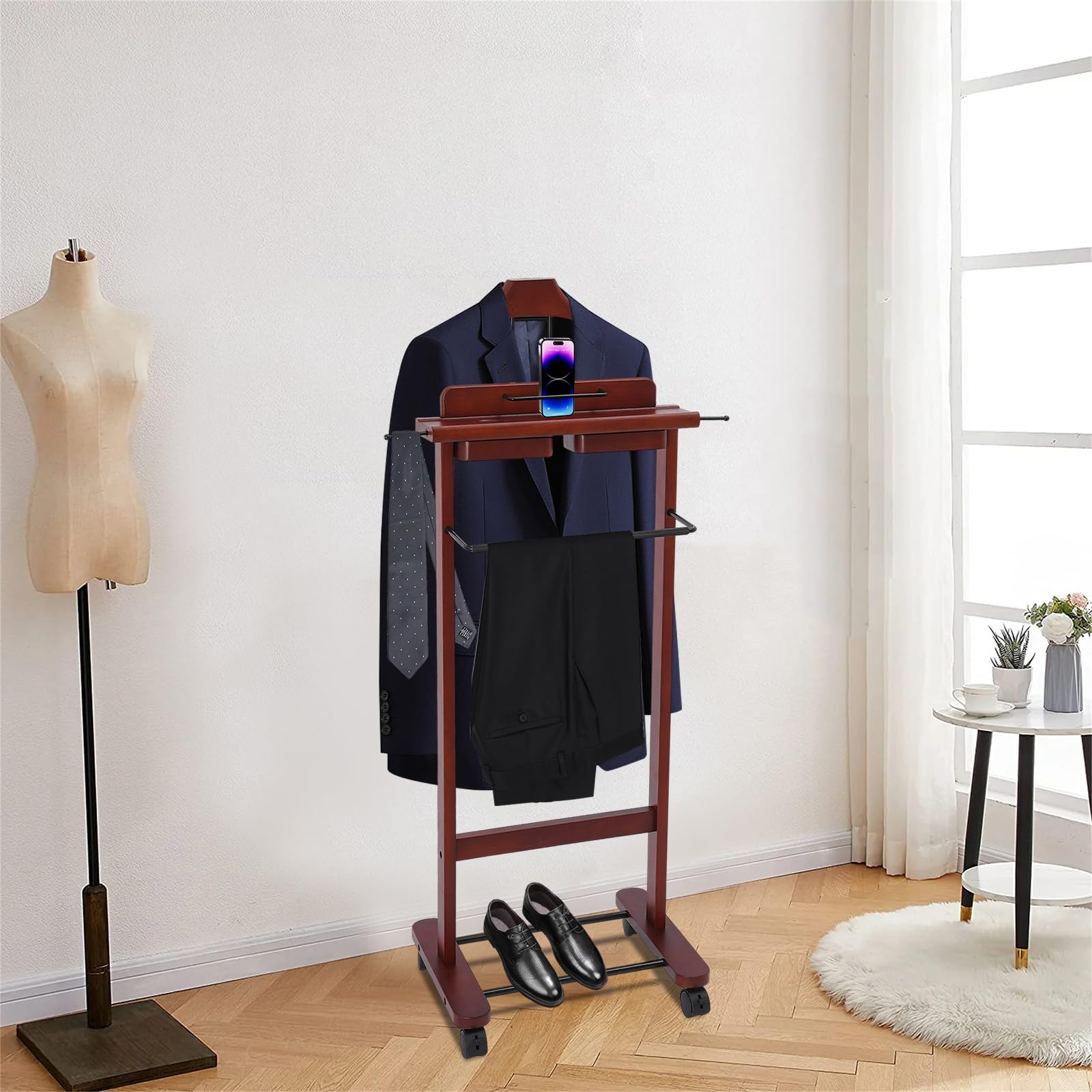 Pinelicorn Freestanding Mens Valet Stand with Drawer, Rolling Suit Hanger Butler Clothes Rack with Base, for Office Living Room Bedroom