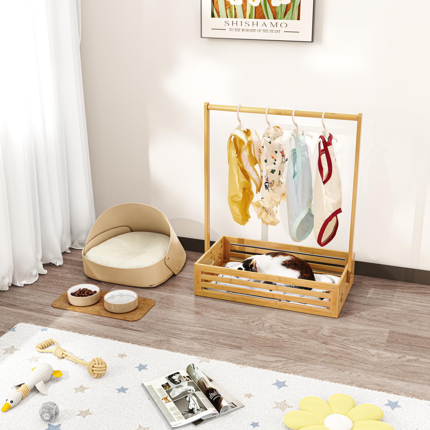 BAMBOOHOMIE Perchero para ropa de bebé para niños pequeños, perchero para mascotas con caja de almacenamiento y barra ajustable para colgar perros/gatos, perchero para ropa de baby shower con asa para
