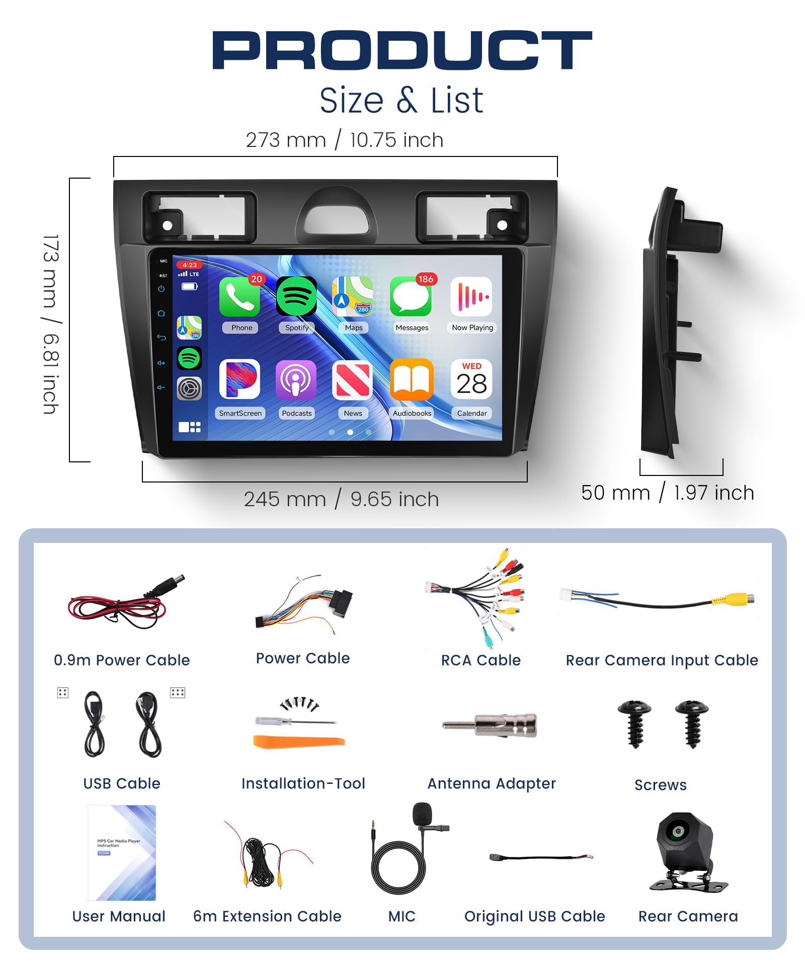 Rimoody Autoradio per Ford Fiesta Mk5 Mk VI 2002-2008 Carplay Wireless, 9 Pollici Touchscreen IPS Radio 2 din con Android Auto, Mirror Link, Bluetooth, FM/RDS, DSP, Comandi al Volante Retrocamera