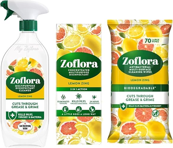 Zoflora Lemon Zing Bundle - Multipurpose Disinfectant Trigger Spray, 1 x 800ml, Concentrated Disinfected Liquid, Biodegradable Wipes. (One of each) - 433.33 ml (Pack of 3)