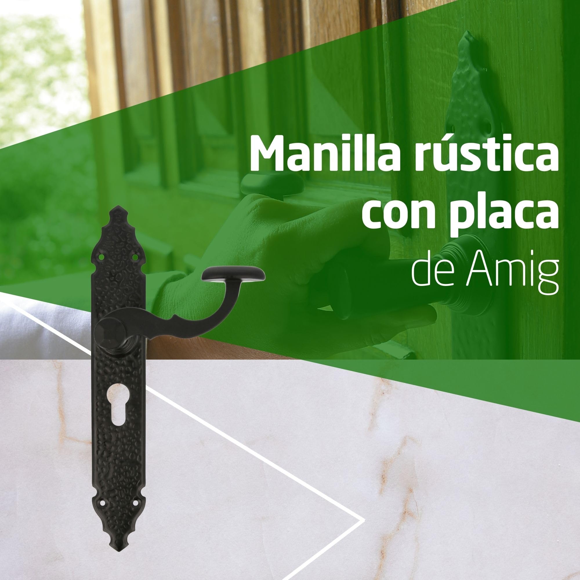 Amig - Juego de 2 Manillas para Puertas de Paso Mod.100PB85-280 x 45 x 3,5 mm - Cuadradillo 8 mm - Para Uso Con Cerraduras De Embutir - Tipo Forja - De Zamak Acabado en Negro