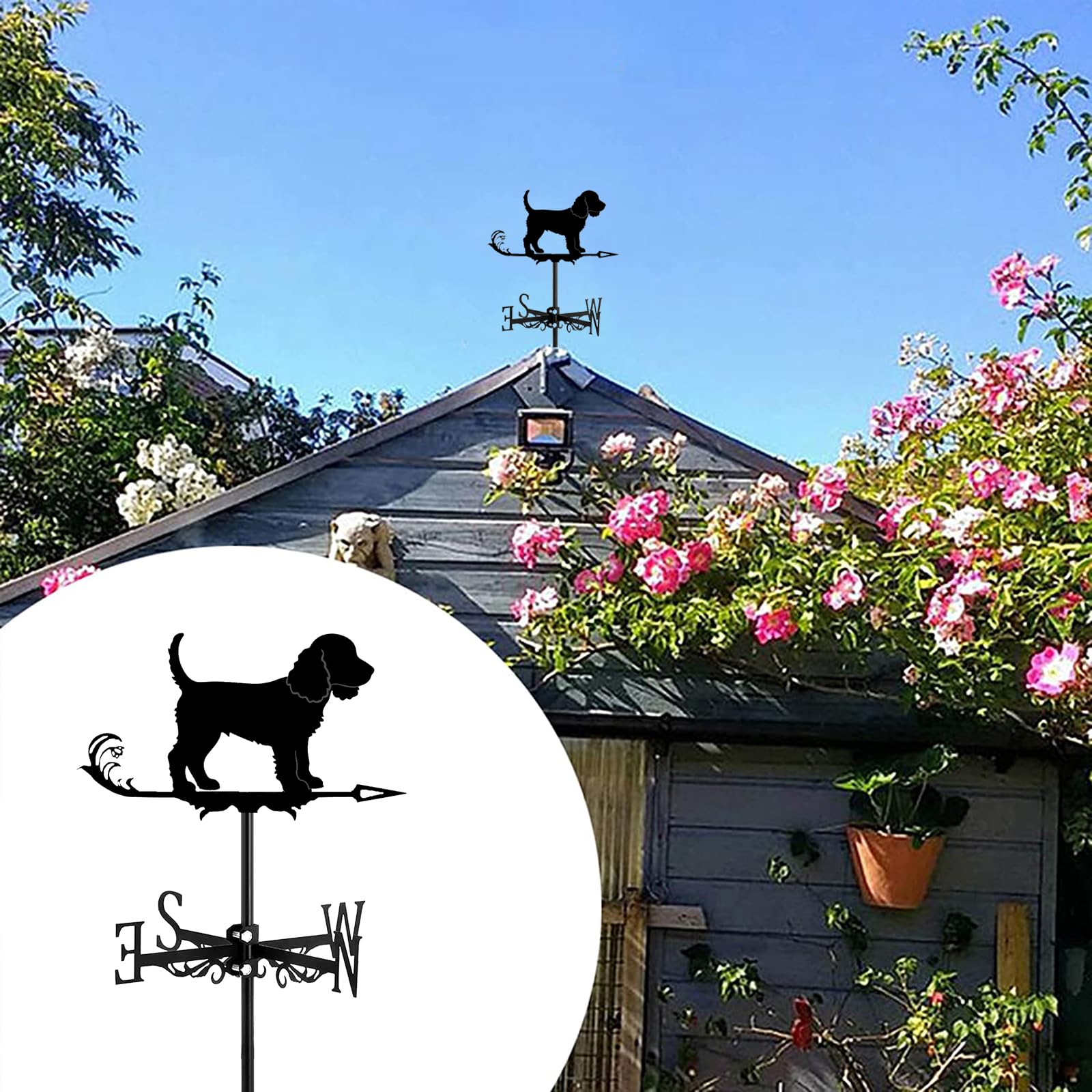 Girouette Chien Animal Direction du Vent Noire Indicateurs De Toit Installation Extérieure Décoration pour Ferme, Grange, Abri De Jardin, Terrasse, Cocker Spaniel