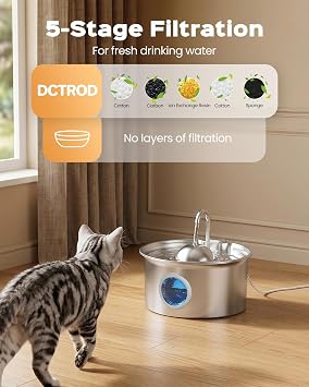 Cat Water Fountain for Drinking: Stainless Steel Cat Fountain - 2.6L Water Fountains Cats Bowl - Pet Dispenser - Drinking Fountains for Cats with Visible Level Window - Dog Dispenser Ultra Quiet