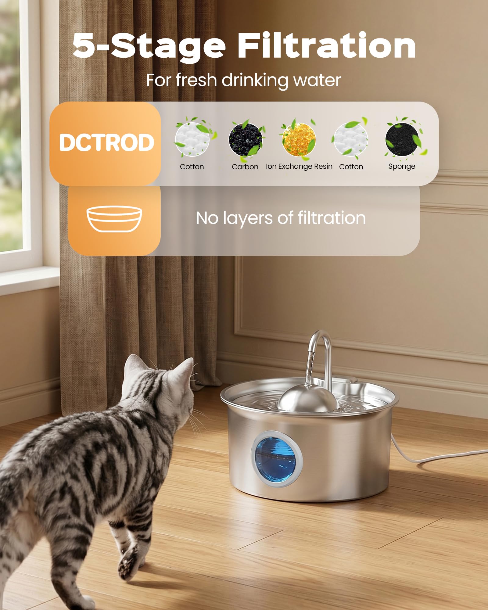 Fuente para Gatos Acero Inoxidable: Bebedero Gatos Automatico - 2.6L Fuente Gato Acero Inoxidable - Dispensador Agua Gato - Dispensador Agua Mascota - Filtración de Cuatro Capas - Hemiesférico