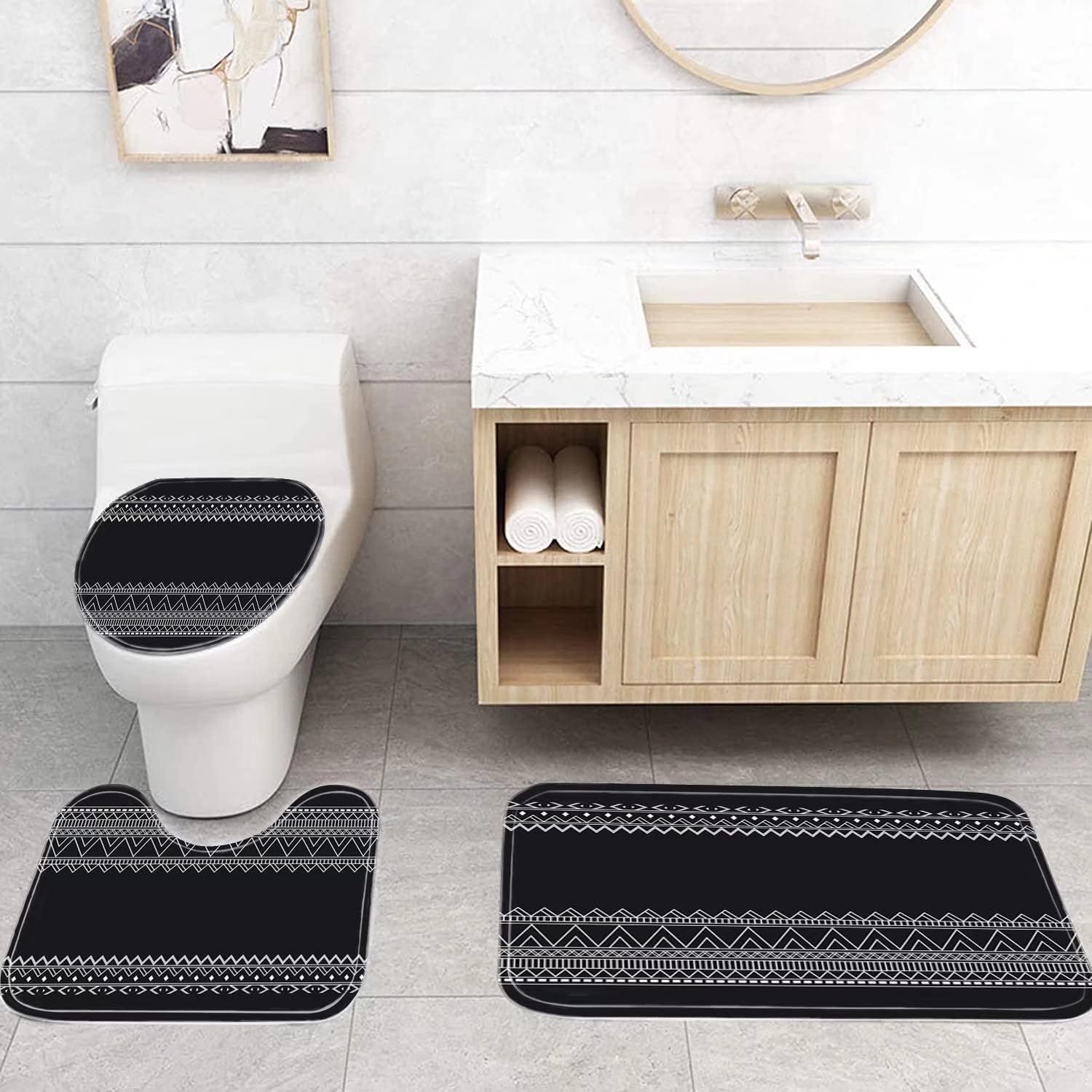 DDQQ 4Pcs Black Boho Shower Curtain Set with Rugs, Modern Abstract Geometric Bathroom Decor Set with Accessories, Vintage Stripes Bohemian Waterproof Shower Curtain for Bathtub Decor : Home & Kitchen