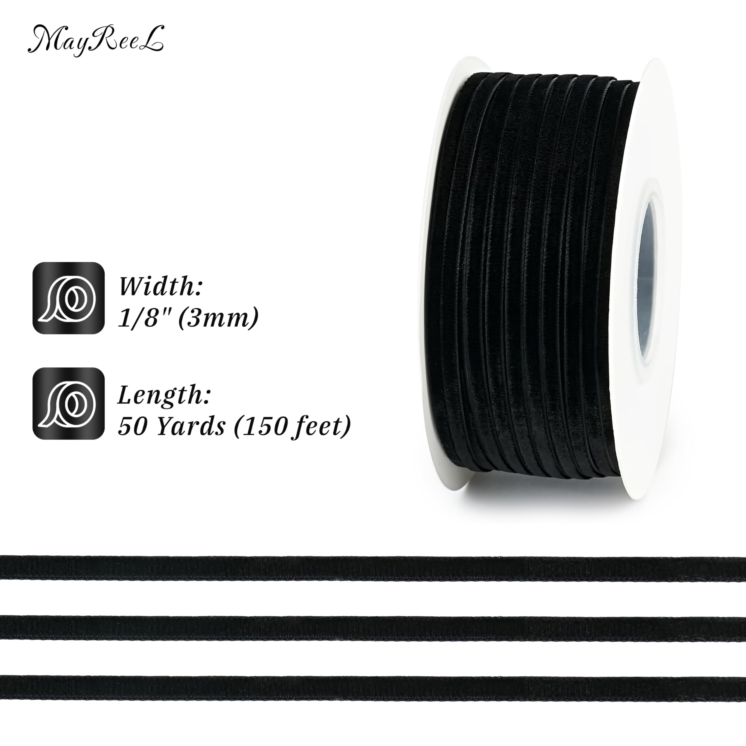 MAYREEL Black Velvet Ribbon 1/8 Inch Vintage Thin Ribbon for Wedding Invitations Gift Wrapping Party Favor Boxes Crafts 50 Yards