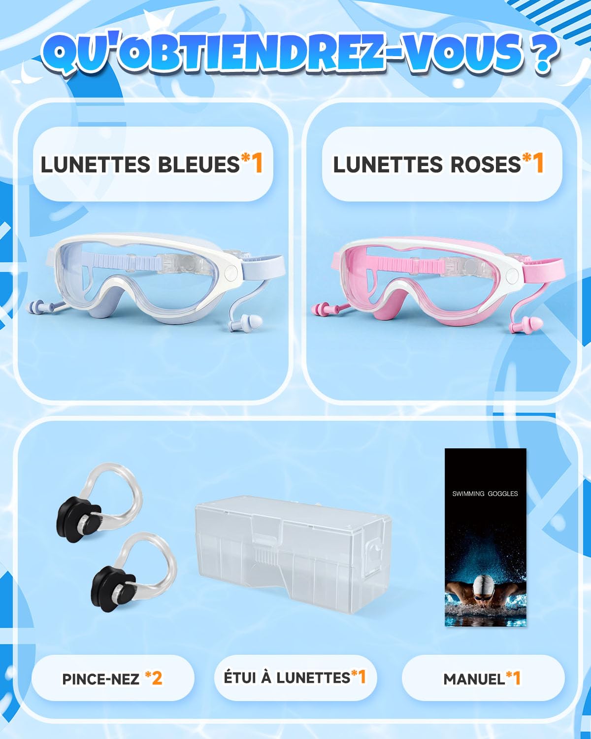 Zoomsnail Lunettes de Piscine Enfant 2 Pack, Design Semi-Cadre, Vision Panoramique Anti-Buée, Silicone Confort Étanche, Sangle Réglable, pour Filles et Garçons 3-15 Ans