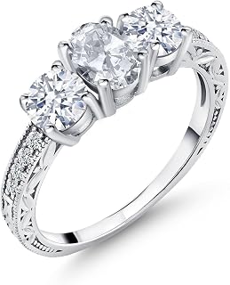 925 Sterling Silver Gemstone Birthstone 3-Stone Engagement Ring for Women | Oval 7X5MM and Round 5MM | Filigree and Milgrain Detail | Three Stone Wedding Anniversary Promise Ring | Size 5-9