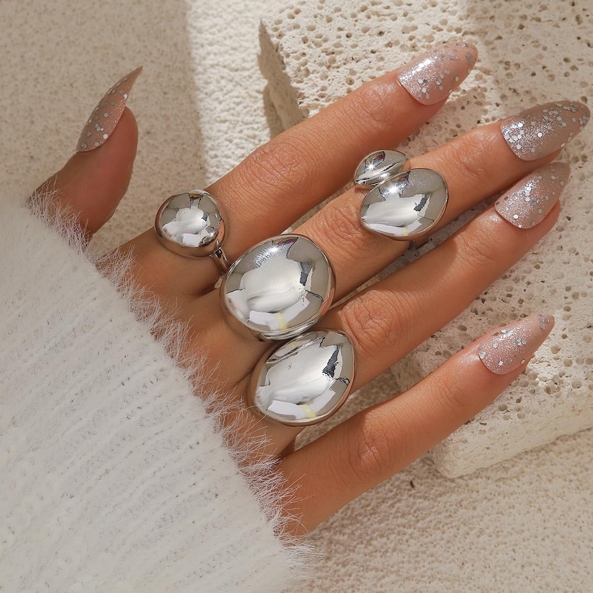 Geometric Dome Knuckle Ring Set - Bold Open-Cut Design, Chunky Metal Rings for Women, Adjustable Gold & Silver Statement Rings