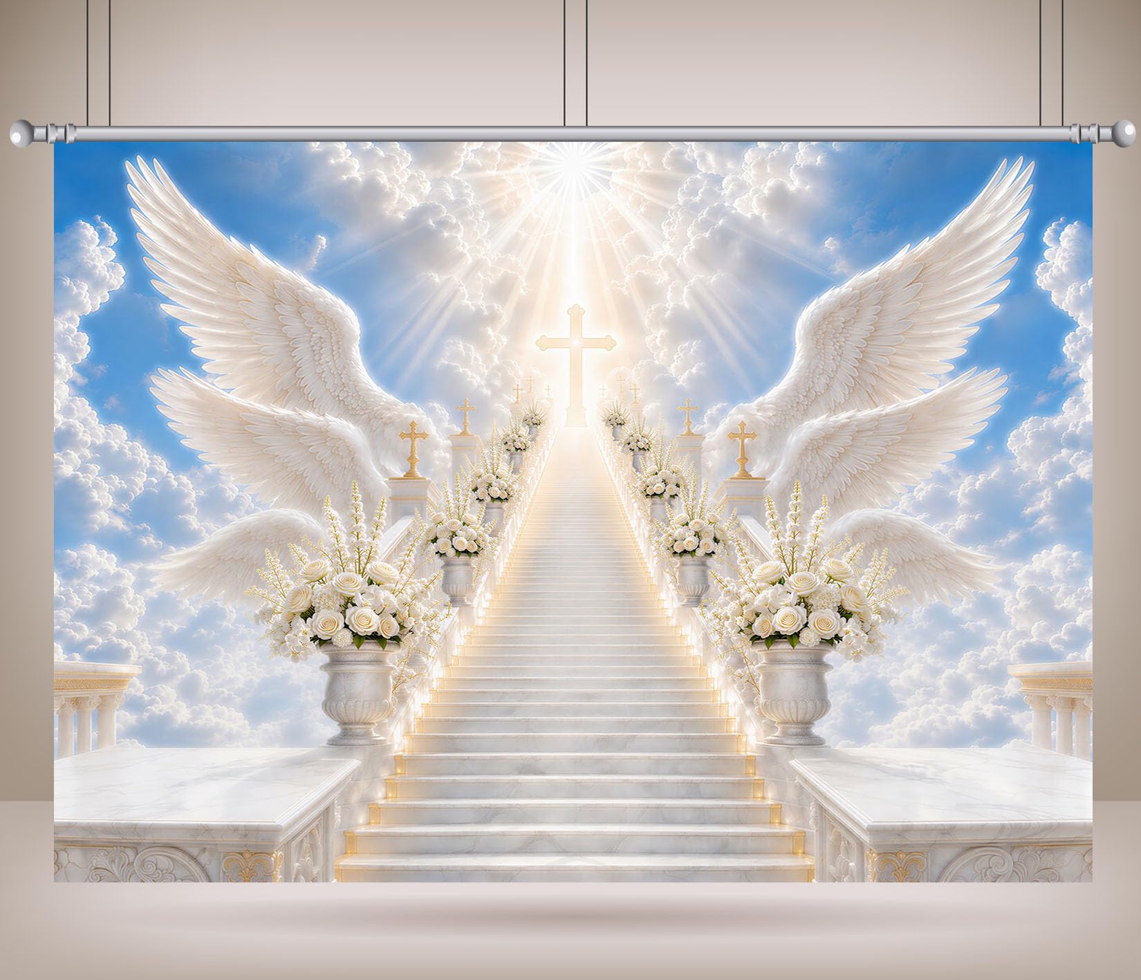 10x6.5FT (3x2m) Ali Bianche Scala Celeste Sfondo Fotografico | Sentiero Luminoso Fondale In Tessuto,Ali D Angelo Croce E Fiori Bianchi,Cerimonie Religiose,Personalizzabile,Photo Booth