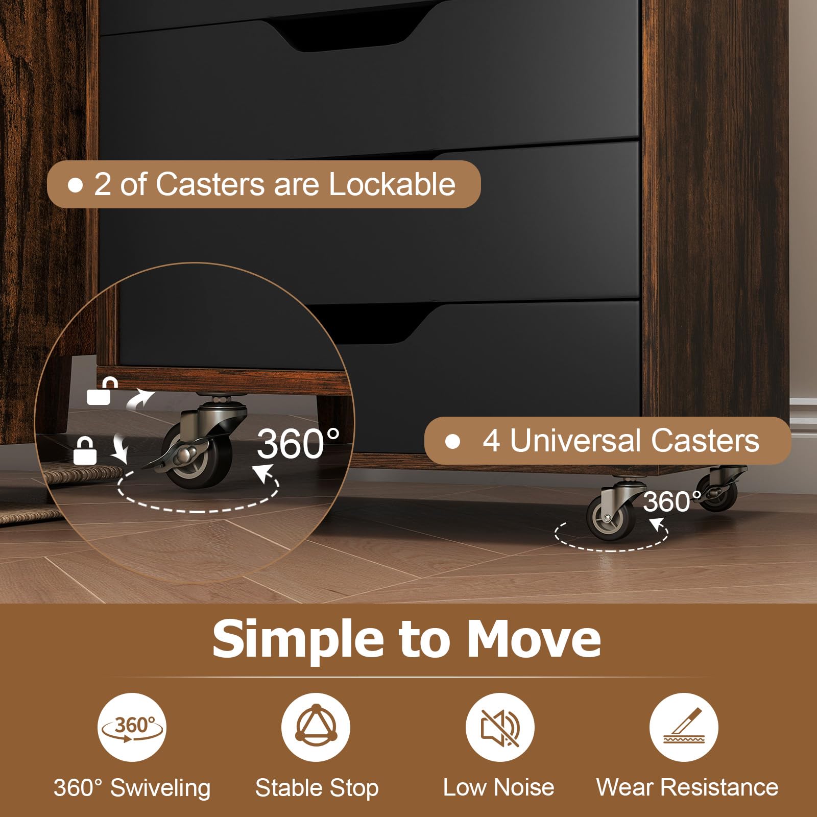 GIANTEX Archivador Móvil con 7 Cajones, Cajonera de Madera con 4 Ruedas Bajo Escritorio, Soporte para Impresora, 49 x 40 x 87 cm, para Oficina, Salón, Dormitorio (Negro+Marrón)