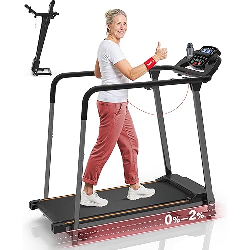 Redliro Walking Treadmill for Seniors - Foldable Senior Treadmill with 0%-2% Incline, Long Handrails - 300 lbs Capacity Home Recovery Fitness Exercise Machine for Elder, Mute & Qucik Speed Button