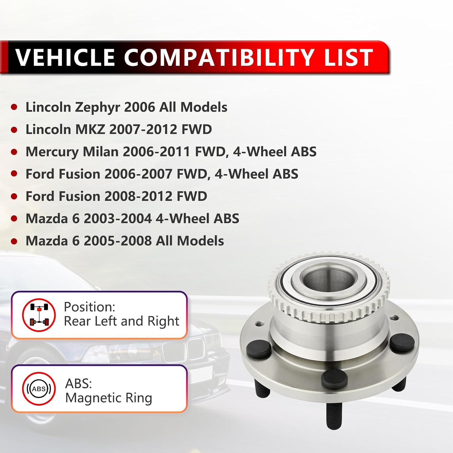 512271 2pcs Rear Wheel Bearing and Hub Assembly for 2003-2008 Mazda 6, for 2007-2012 Lincoln MKZ, for 06 Zephyr, for 2006-2012 Ford Fusion, for 2006-2011 Mercury Milan FWD, 5 Lug w/ABS
