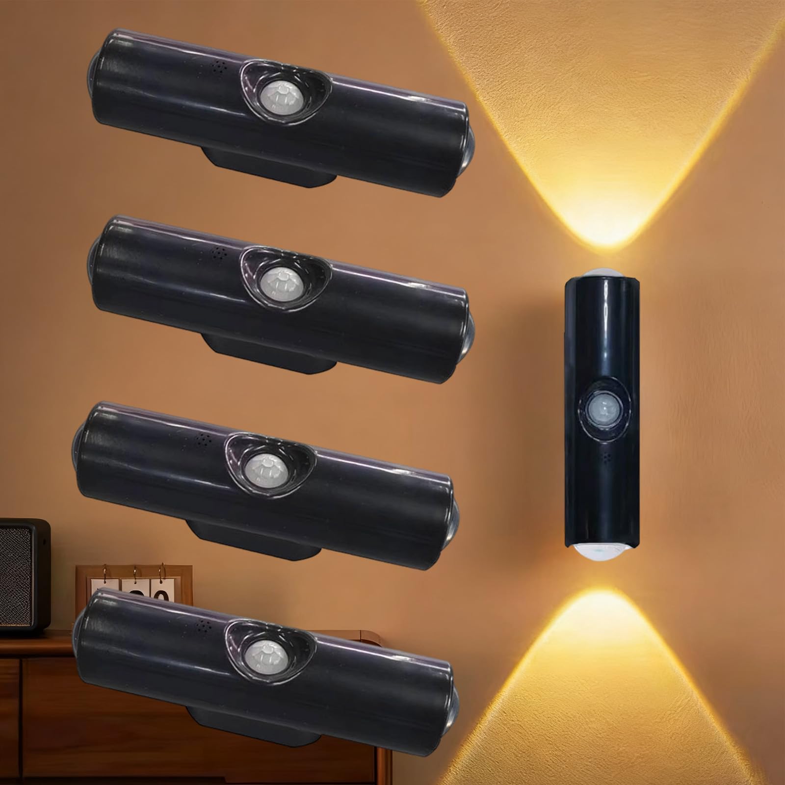 Rechargeable Smart LED Motion Sensor Ambient Light, Magnetic Smart Motion Sensor Mood Light, Punch-Free Indoor Wireless Wall Sconce with Color Changing for Bedroom (4Pcs,Black, 3 Colors)