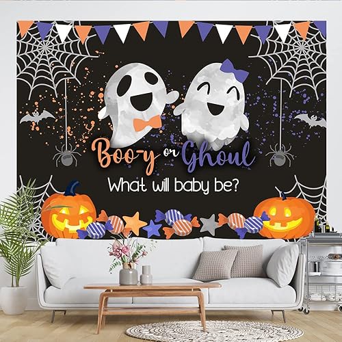 Miniatura 5 de Lofaris Fondo de Halloween Boo-y or Ghoul para revelación de género para niño o niña, con texto en inglés He or She What Will Baby Be, fondo de