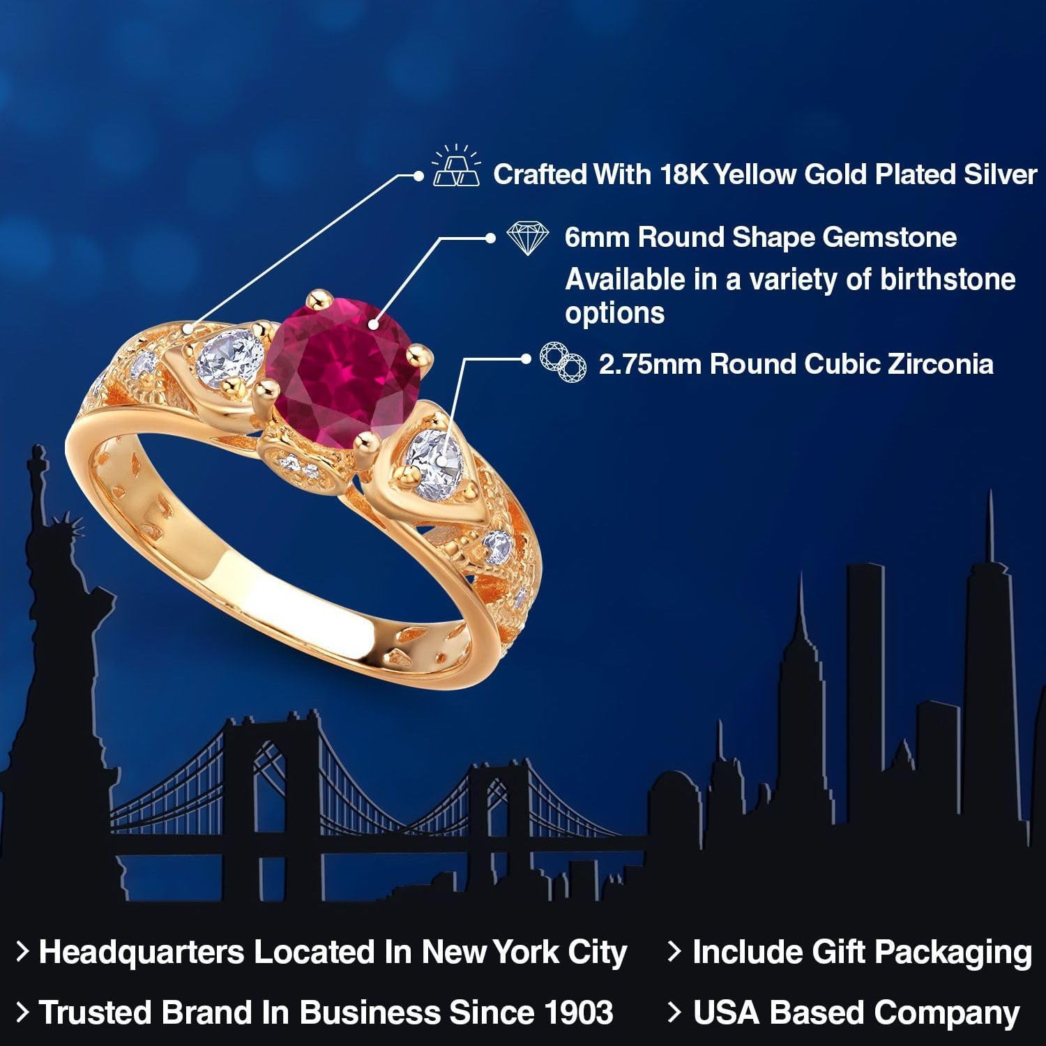 Gem Stone King 18K Yellow Gold Plated Silver Round 6MM Gemstone Birthstone Engagement Ring | Wedding Anniversary Promise Ring For Women | Available In Size 5, 6, 7, 8, 9