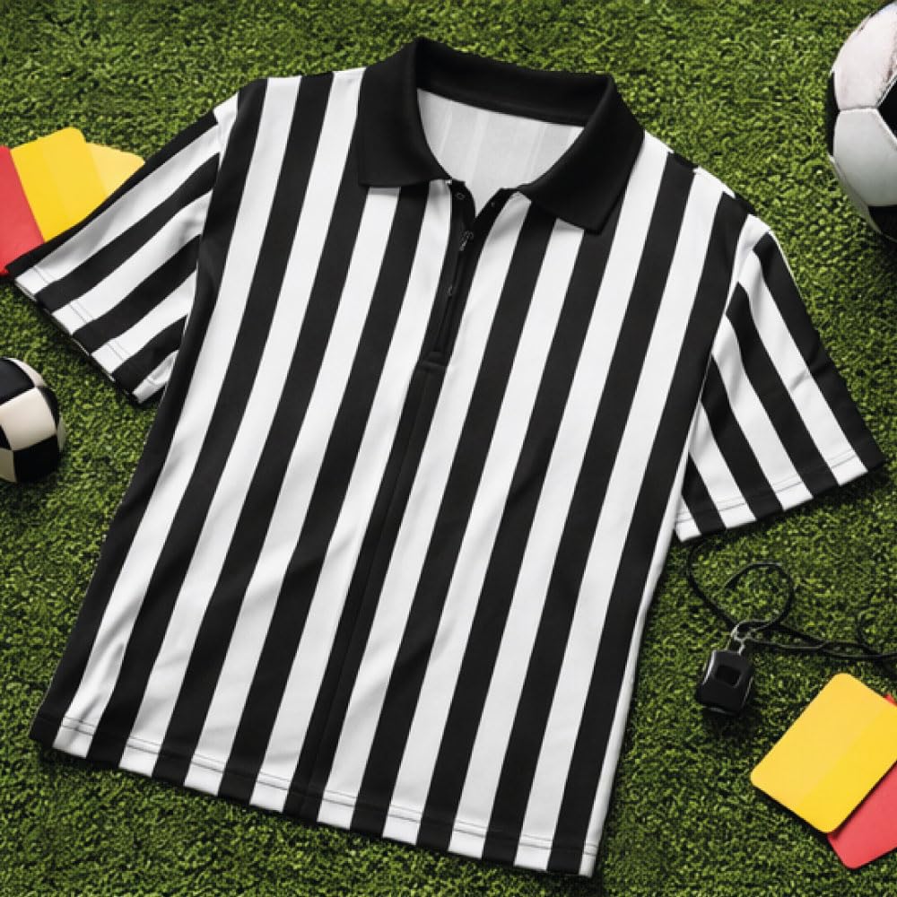 Nationwear Camiseta de Árbitro a Rayas para Hombre y Mujer – Clásica Camiseta Negra y Blanca con Cuello y Media Cremallera, Manga Corta, Ligera de Poliéster de Secado Rápido