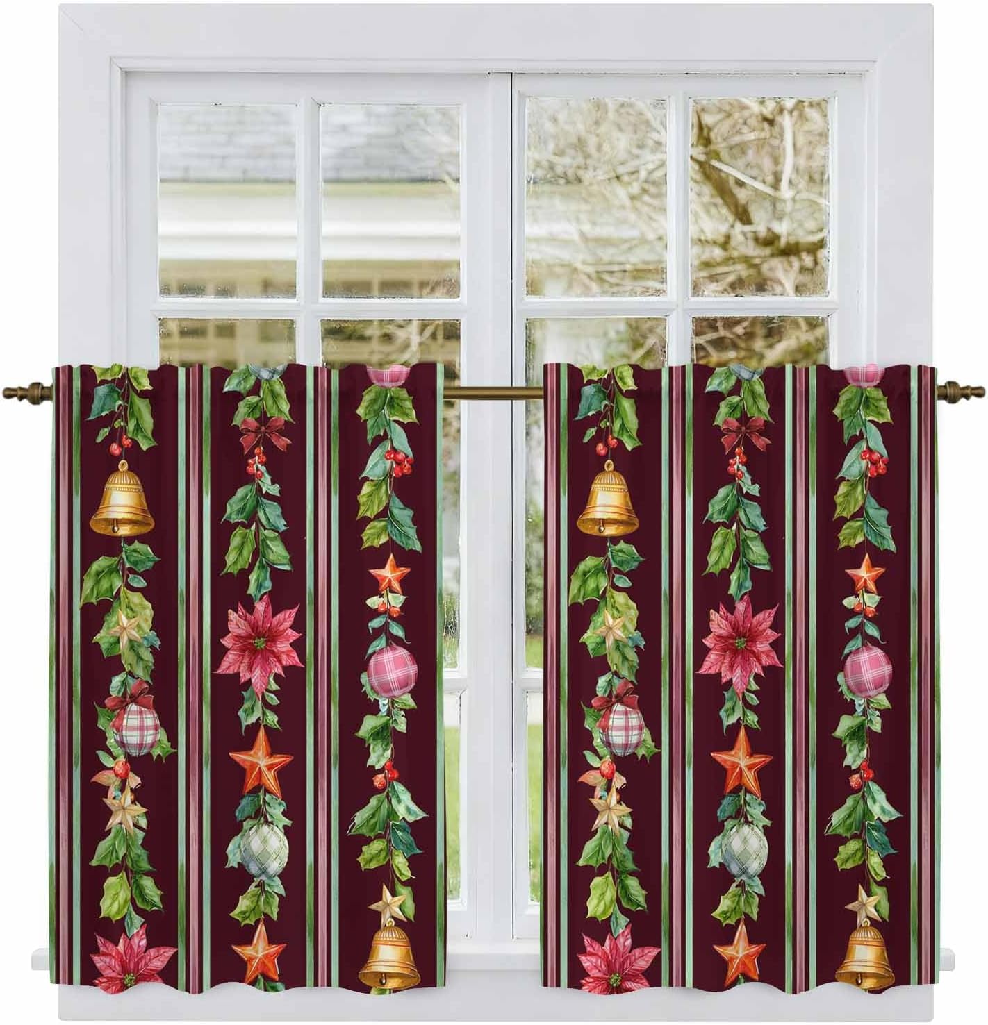 Merry Christmas Kitchen Tier Curtains 45 Inch Long 2 Panel Set,Rod Pocket Short Window Treatment,Poinsettia Flower Xmas Leaves Bell New Year Curtains & Drapes for Bathroom Basement 27.5"W x 45"L