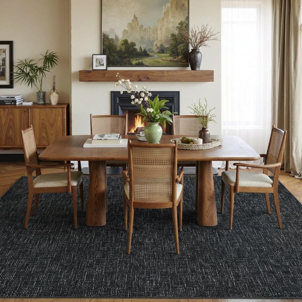 Garvee Washable Rugs 9x12 Modern Solid Color Area Rugs for Living Room, Non Slip Non Shedding Textured Rug Stain Resistant Low Pile Minimalist Carpet for Dining Room Bedroom, Black
