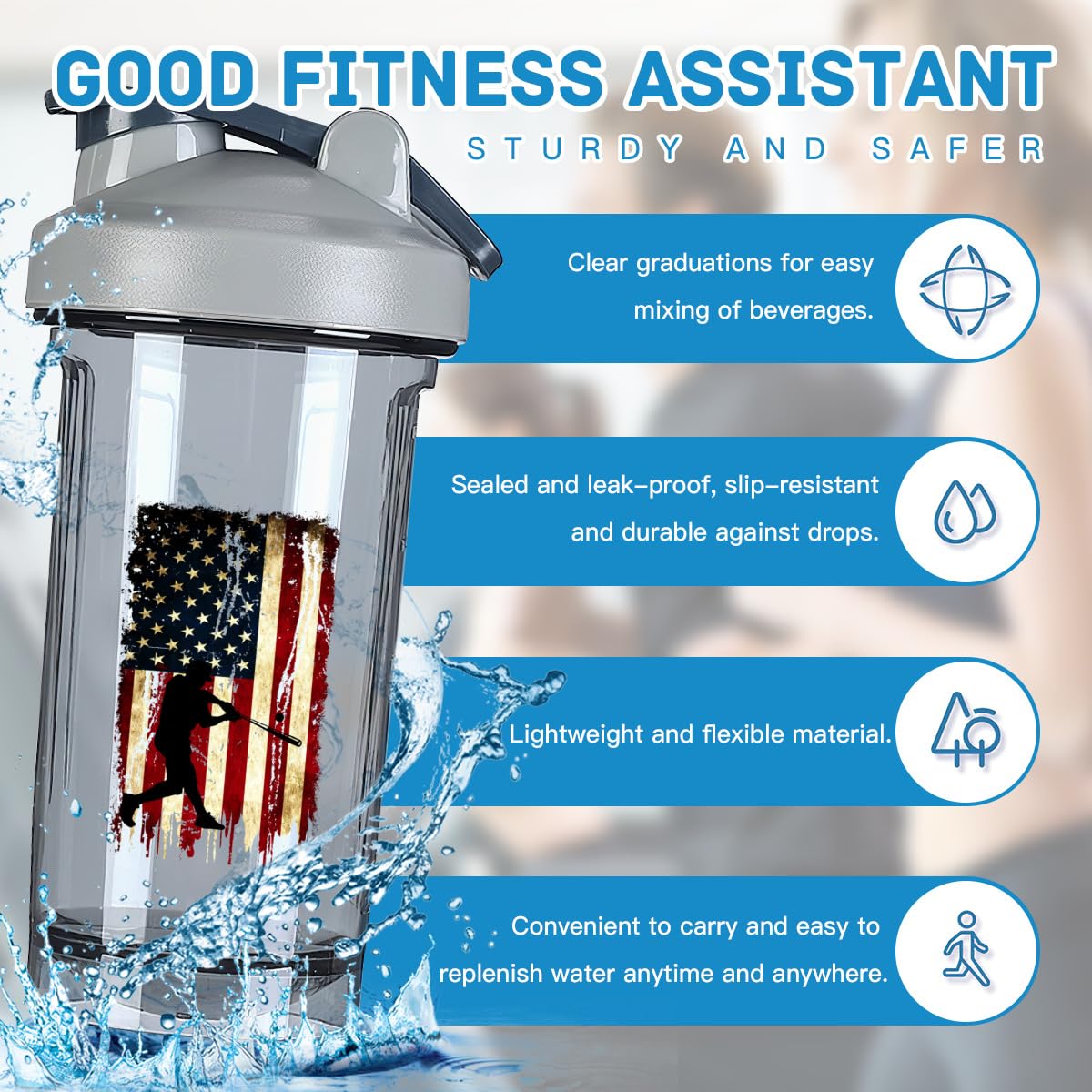 America Flag Patriotic Baseball Player-1 18 Ounce Shaker Bottle Drink Mixer Leak-proof Pre Workout Protein Shakes Meal Replacement Shakes Bottles 500ML/18 Oz Gray
