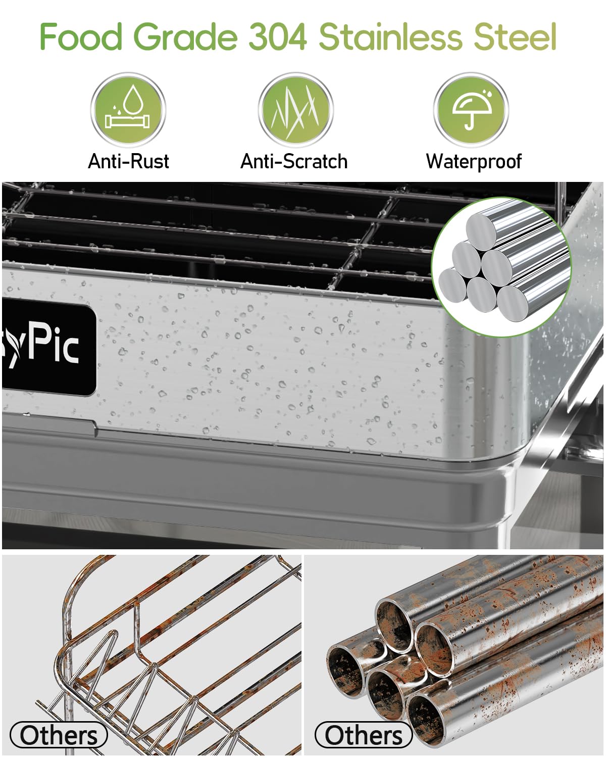 Scolapiatti spesso, in acciaio inox 304, a 2 ripiani, resistente, con porta utensili, portabicchieri, grigio