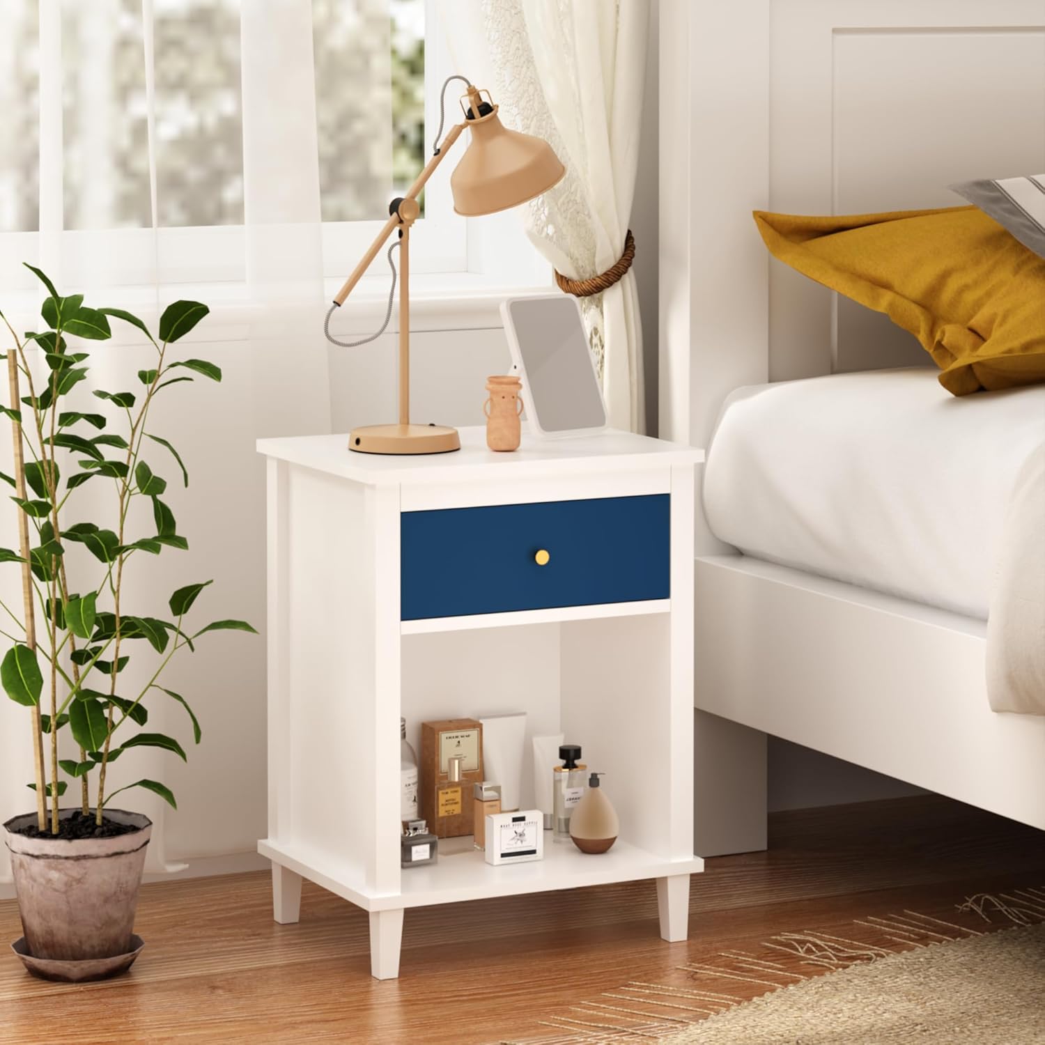 Kids Nightstand with One Drawer, 26.77''H Wooden Toddler Night Stand for Girls Bedroom, End Table One Shelf for Living Room, Small Modern Kids Bedside Table, Navy Blue