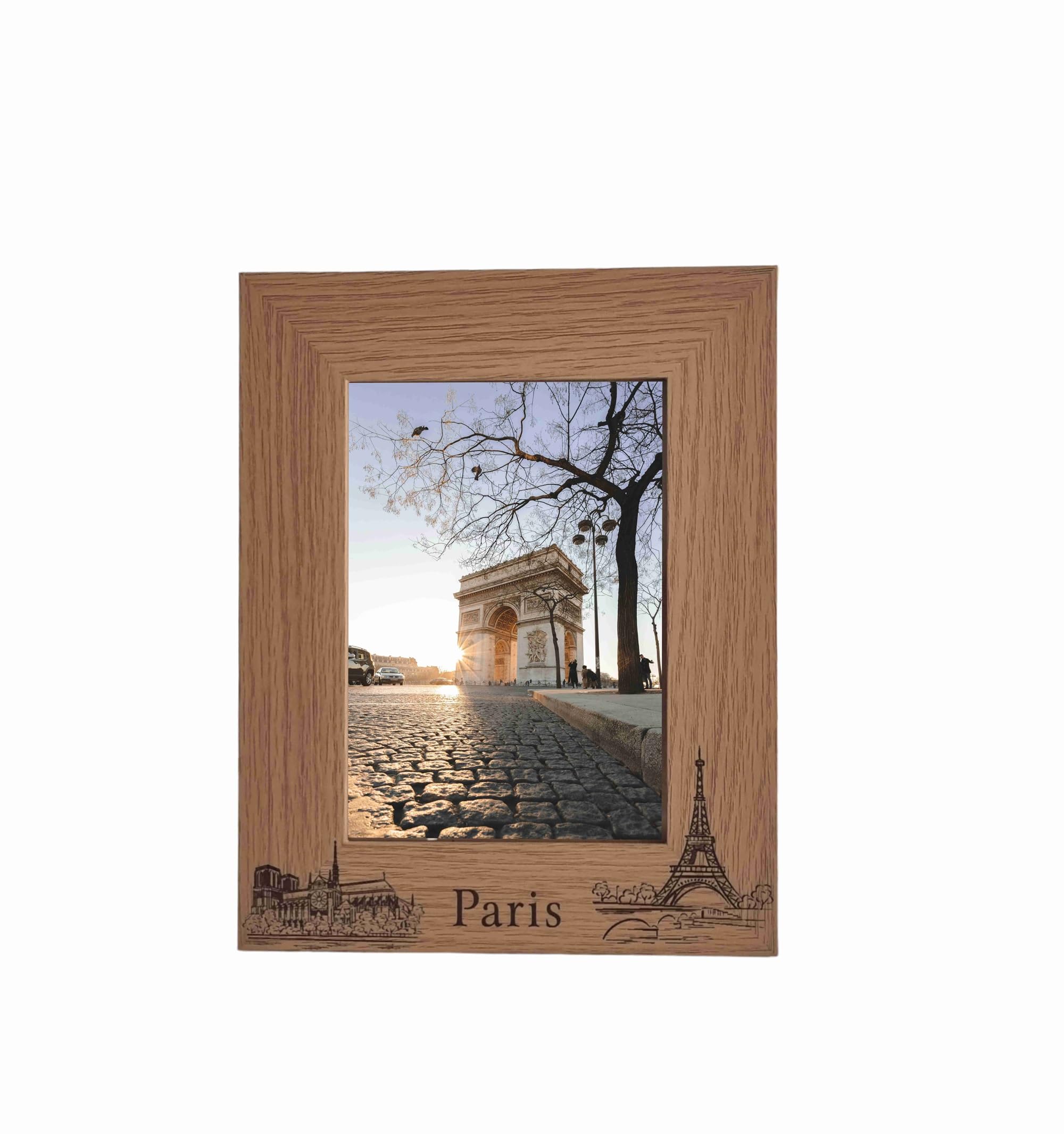 Generic Paris City Photo Frame Engraved Paris Skyline Wooden Frame Holiday Memories Gift (Oak-7x5-Portrait)
