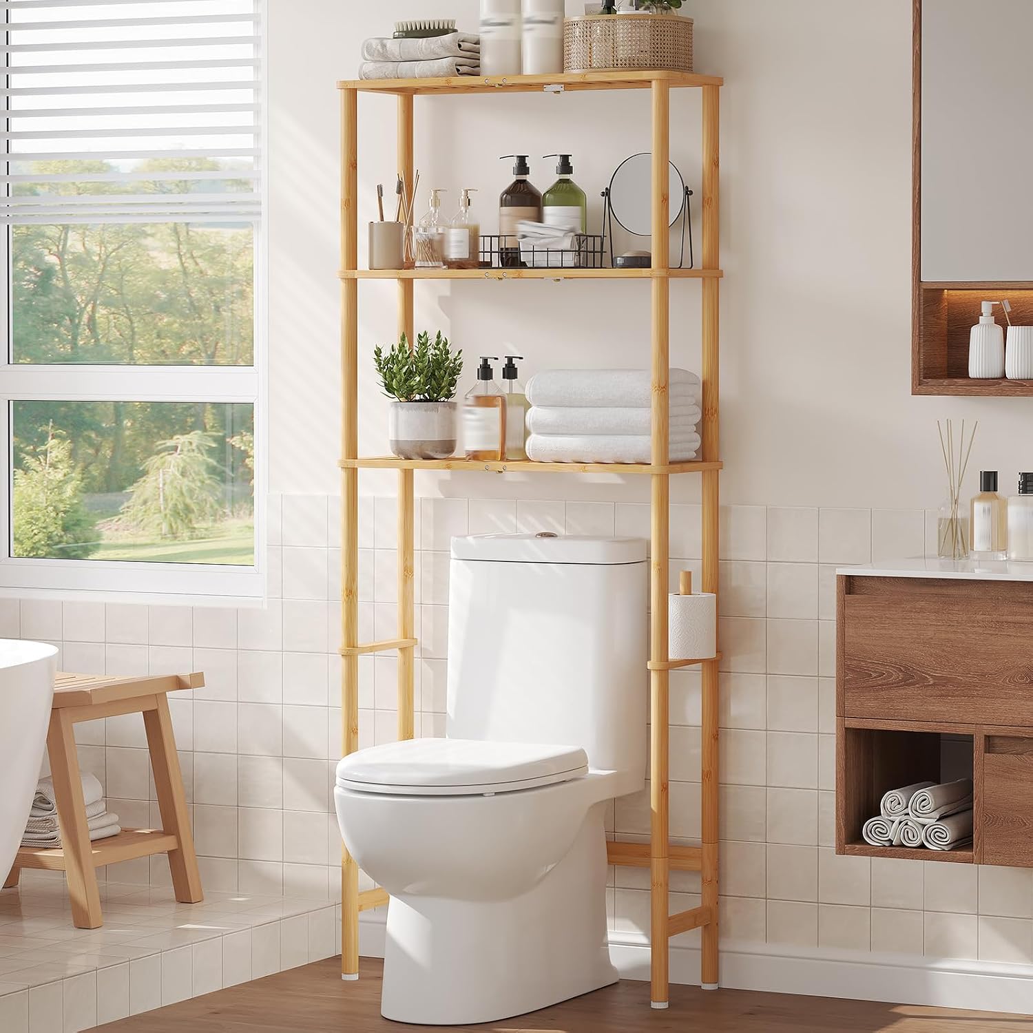 Over The Toilet Storage, Freestanding 3-Tier Bamboo Bathroom Shelves, Above Toilet Organizer for Home Washroom, Bathroom Decor (Natural)