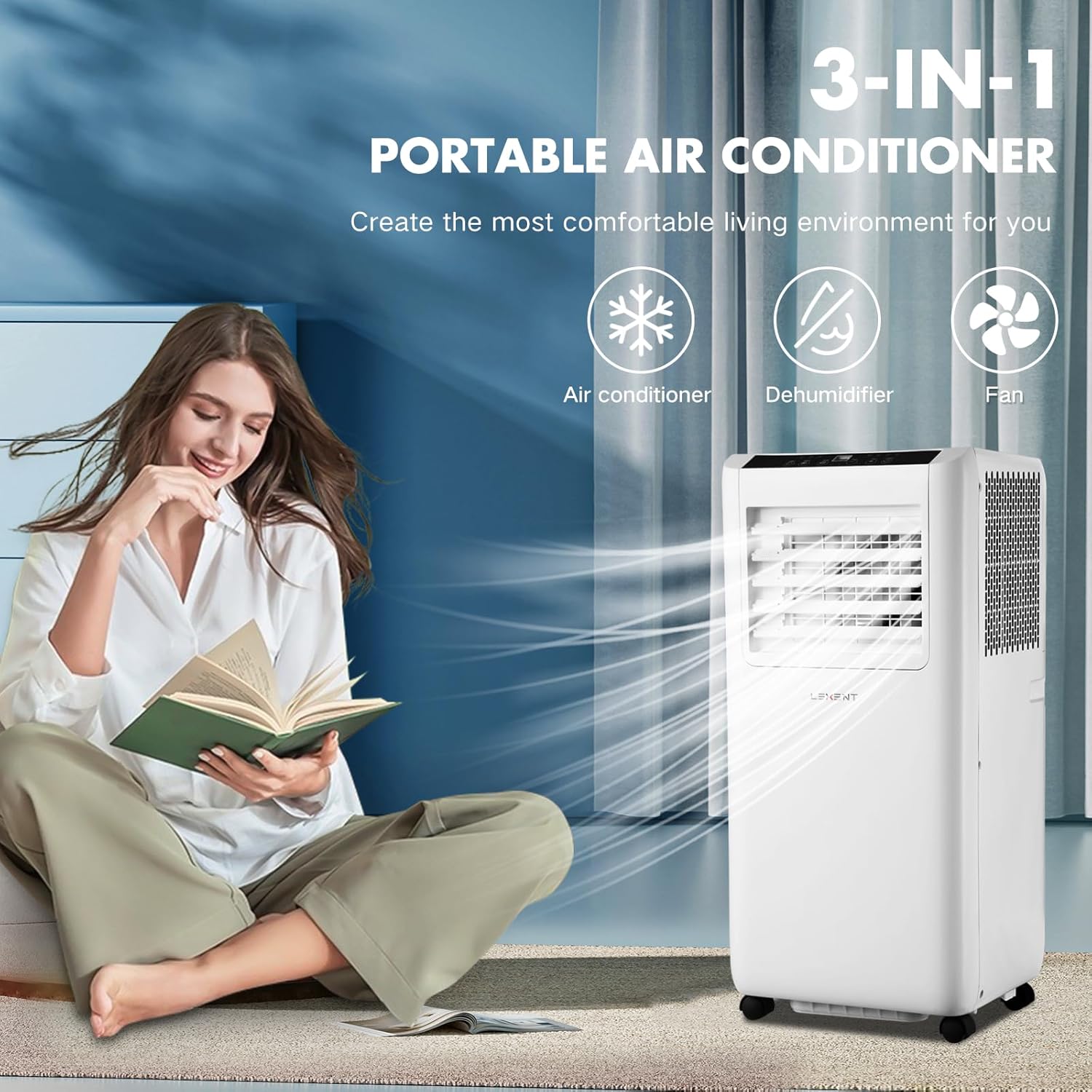 Image showing the LEXENT portable air conditioner with icons for Air Conditioner, Dehumidifier, and Fan modes, indicating its 3-in-1 functionality.