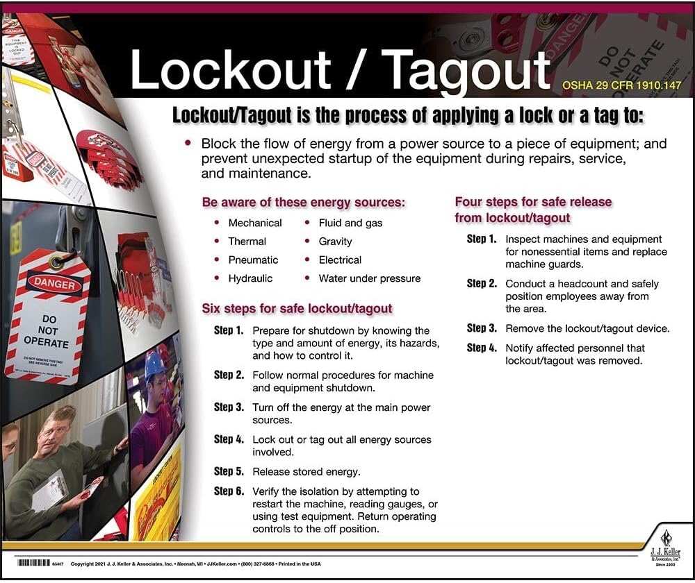 J. J. Keller & Associates, Inc. Lockout/Tagout Instructional Chart, OSHA 29 CFR 1910.147 Compliance, Laminated, 24" x 20"